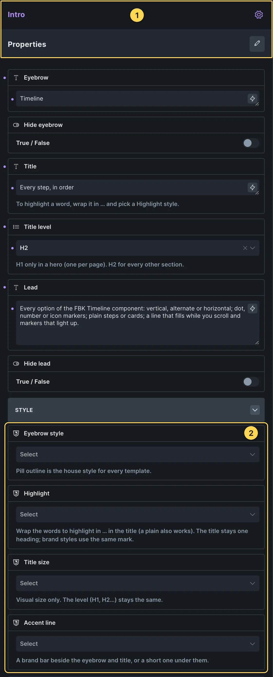 This template's own component, with its Style group open.