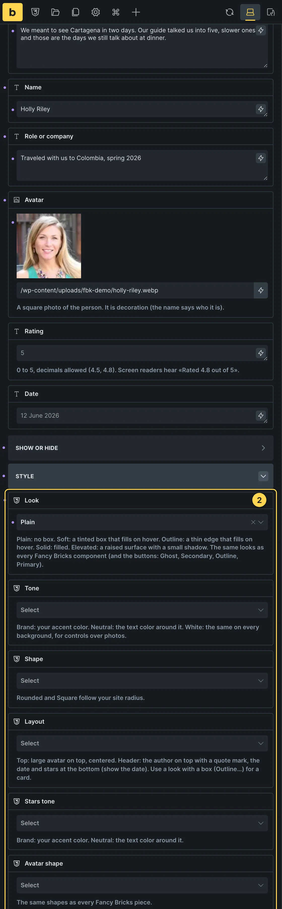 This template's own component, with its Style group open.