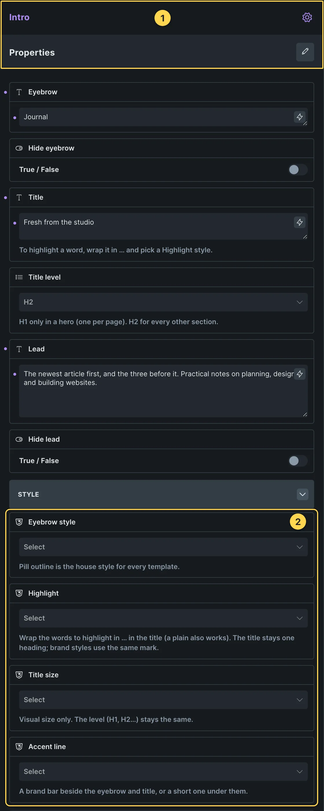This template's own component, with its Style group open.