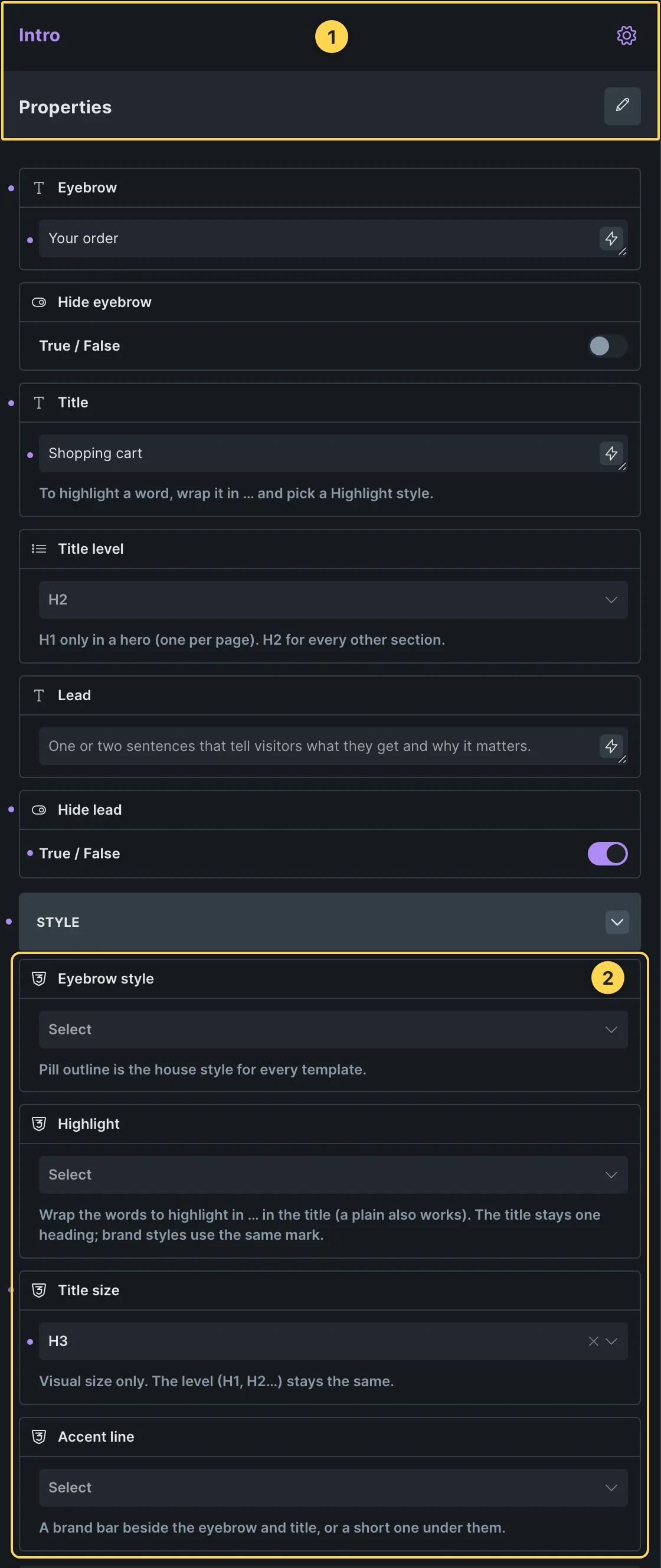 This template's own component, with its Style group open.