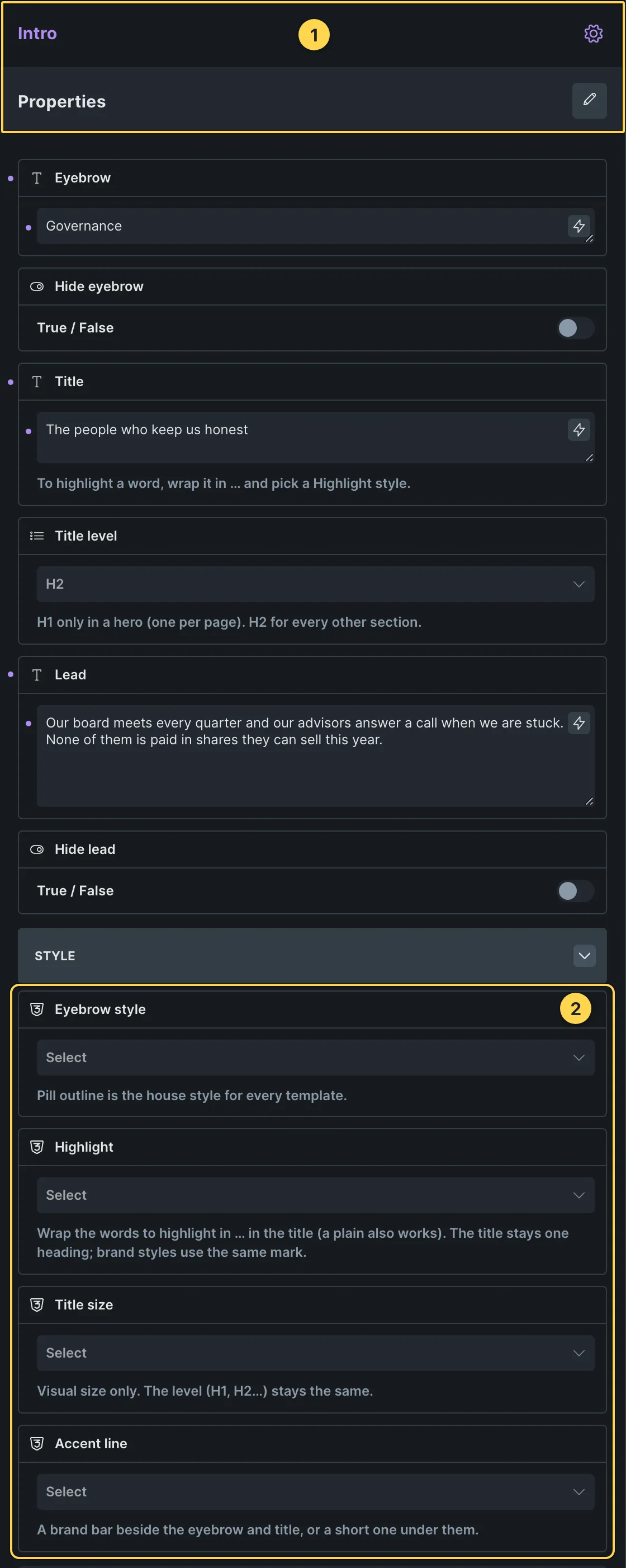 This template's own component, with its Style group open.