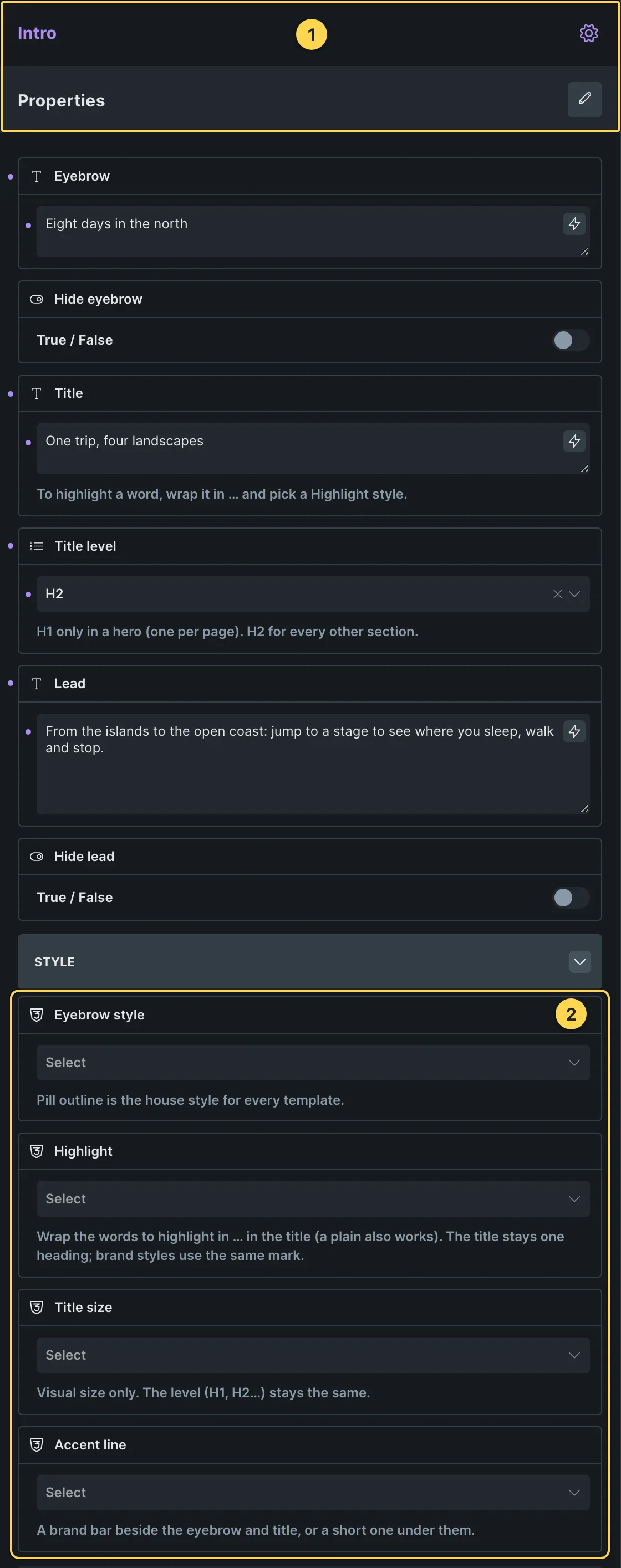 This template's own component, with its Style group open.