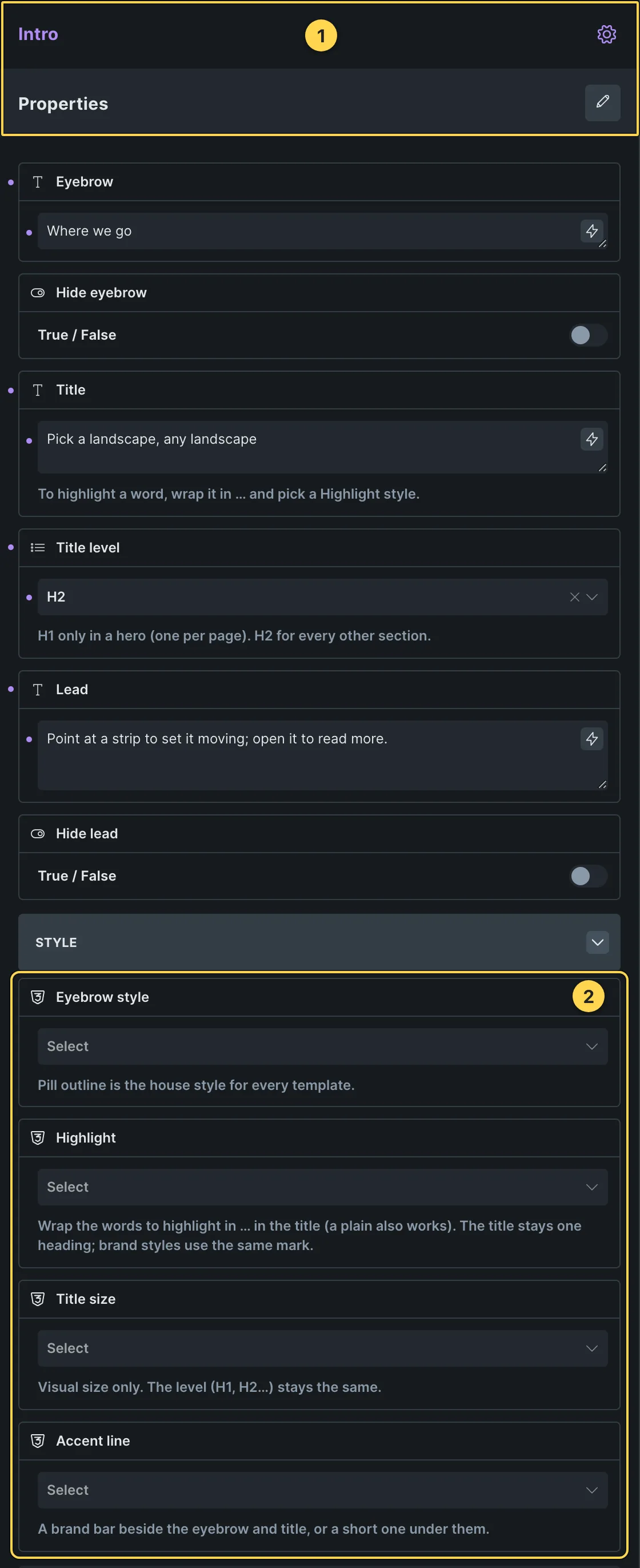 This template's own component, with its Style group open.