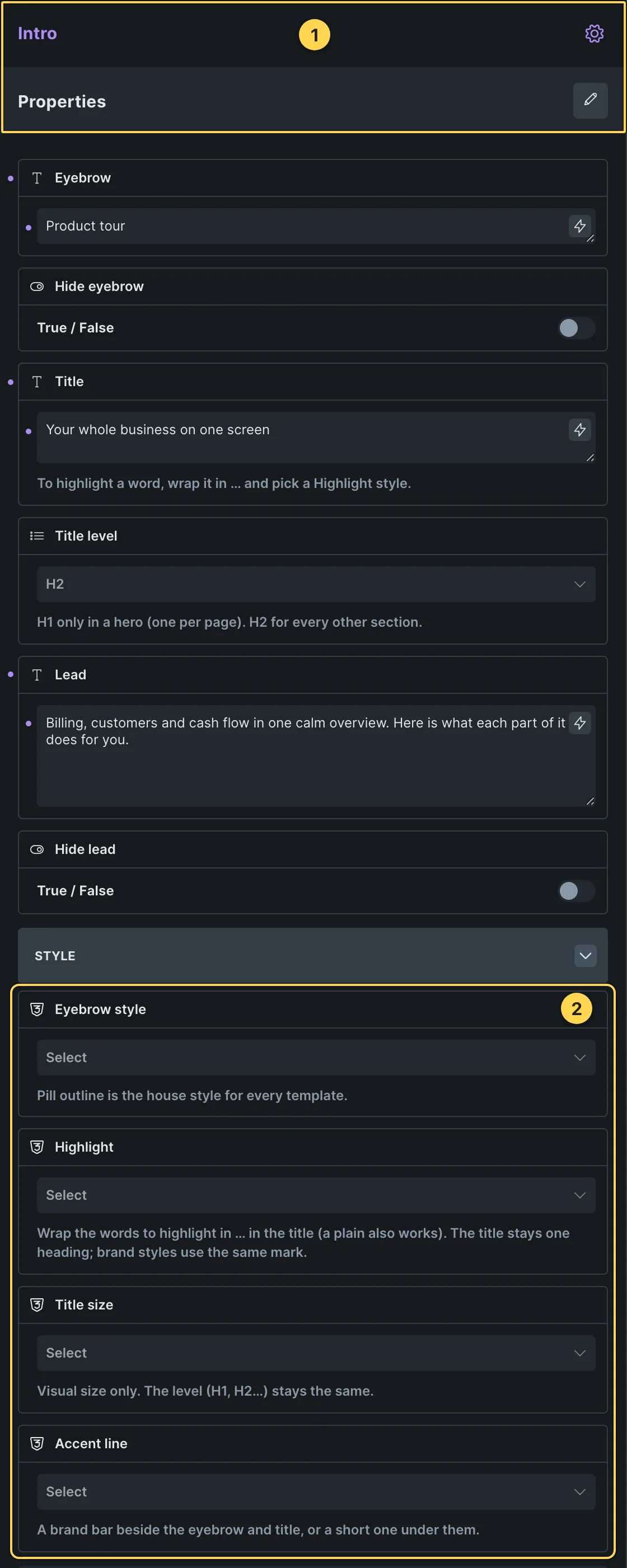 This template's own component, with its Style group open.