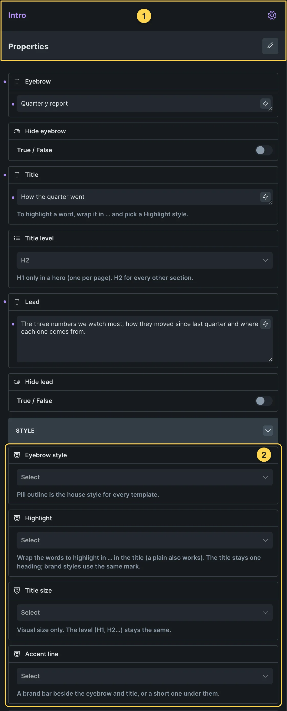 This template's own component, with its Style group open.