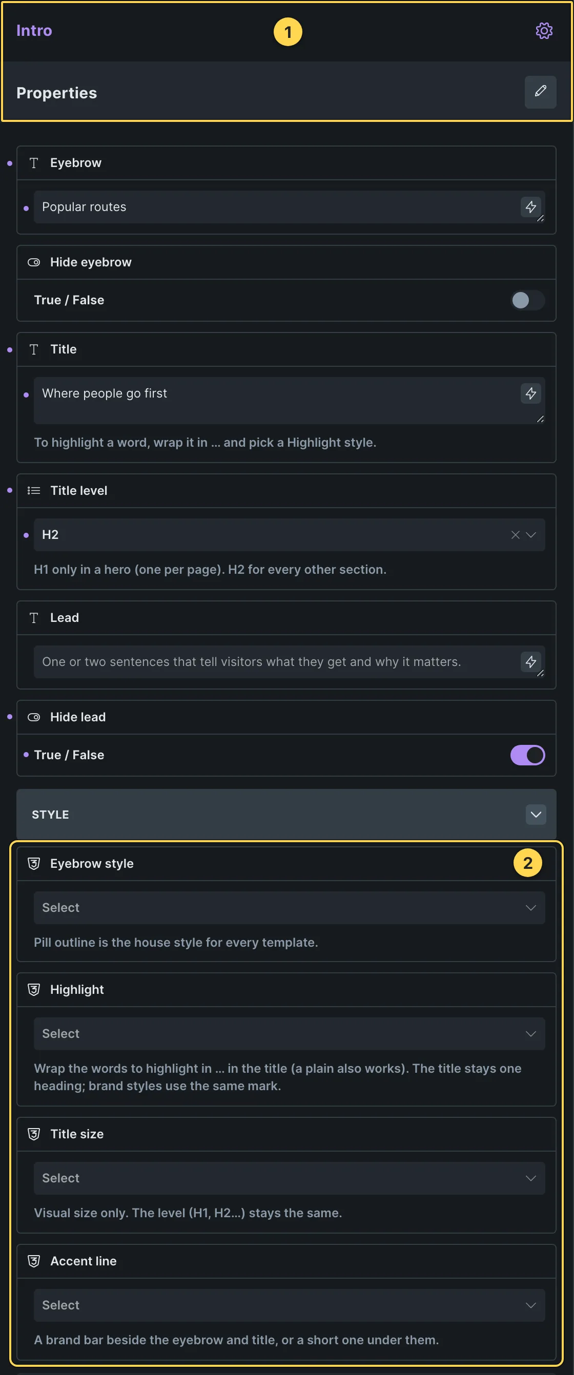 This template's own component, with its Style group open.