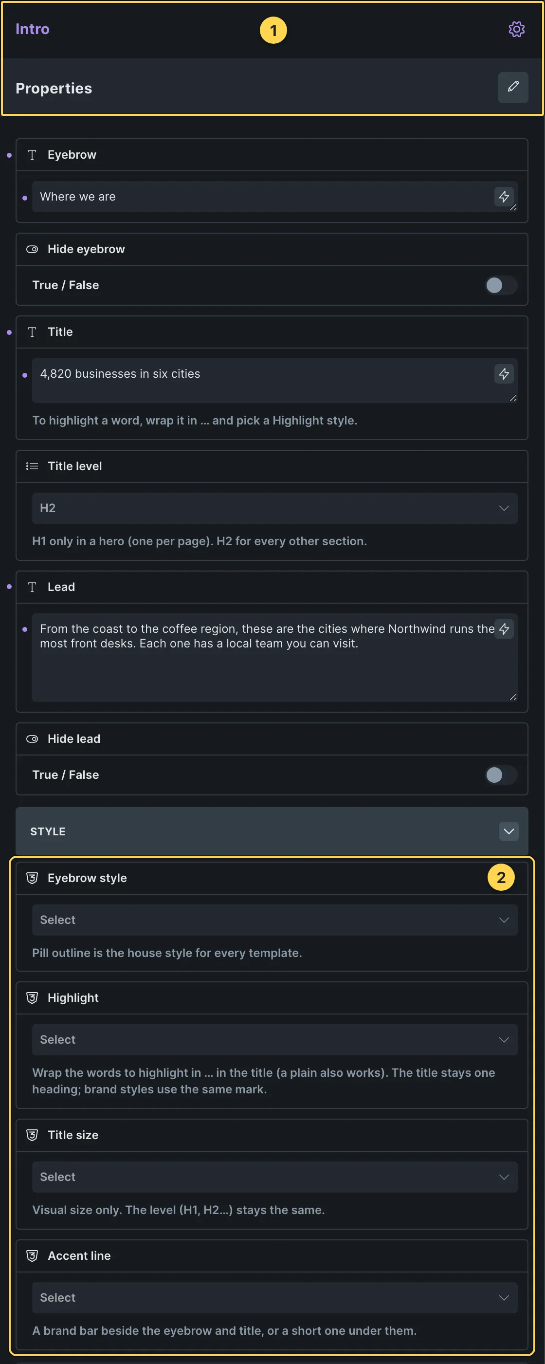 This template's own component, with its Style group open.