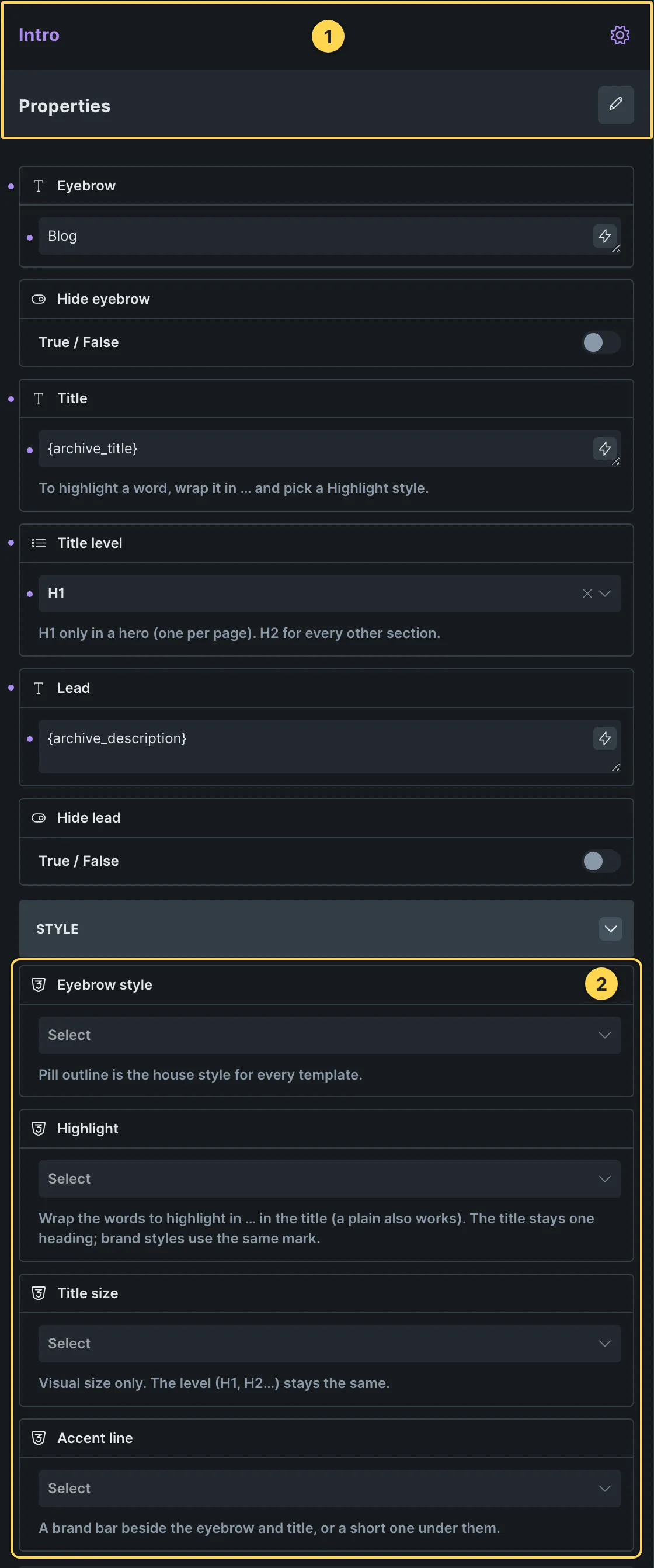 This template's own component, with its Style group open.