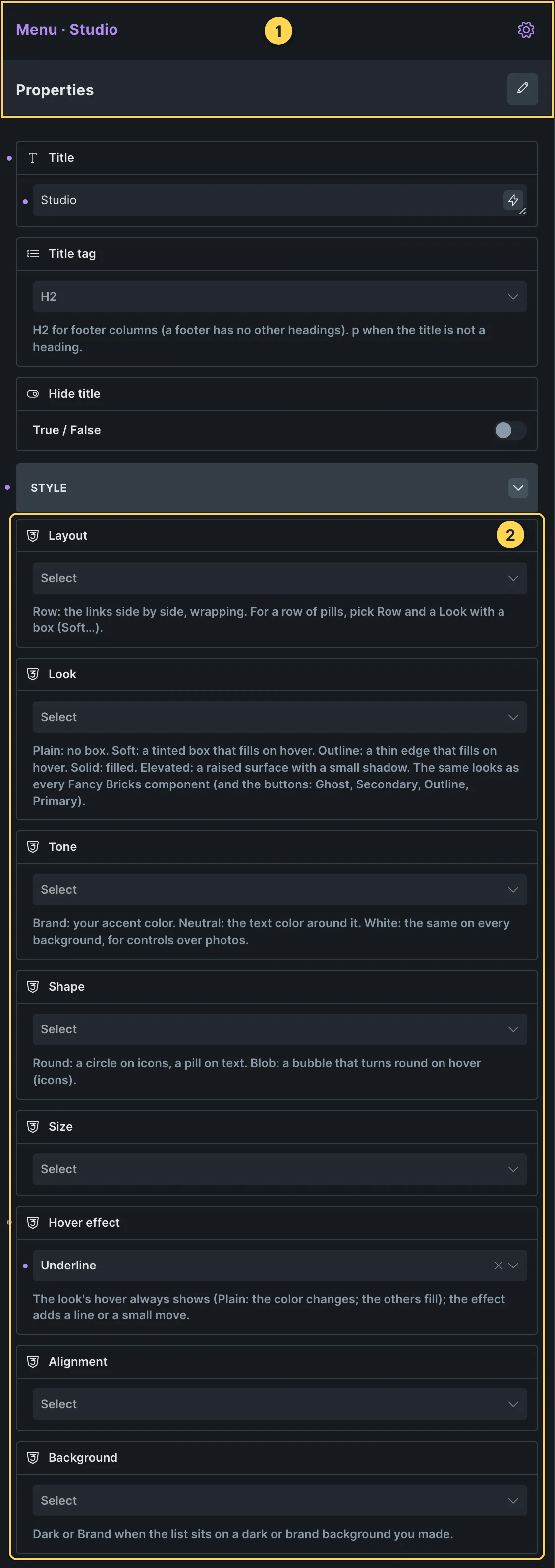 This template's own component, with its Style group open.