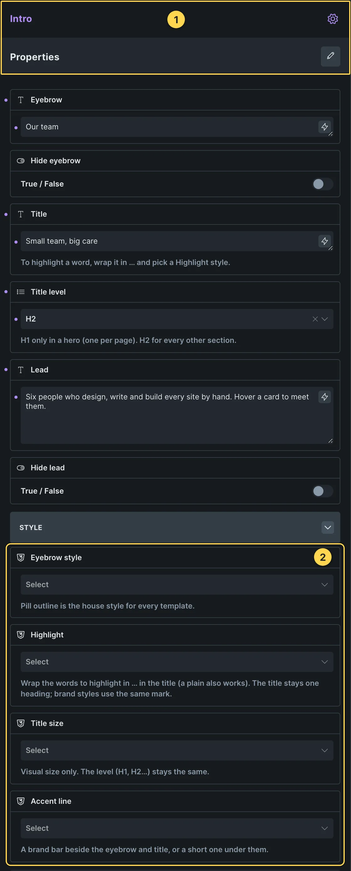 This template's own component, with its Style group open.