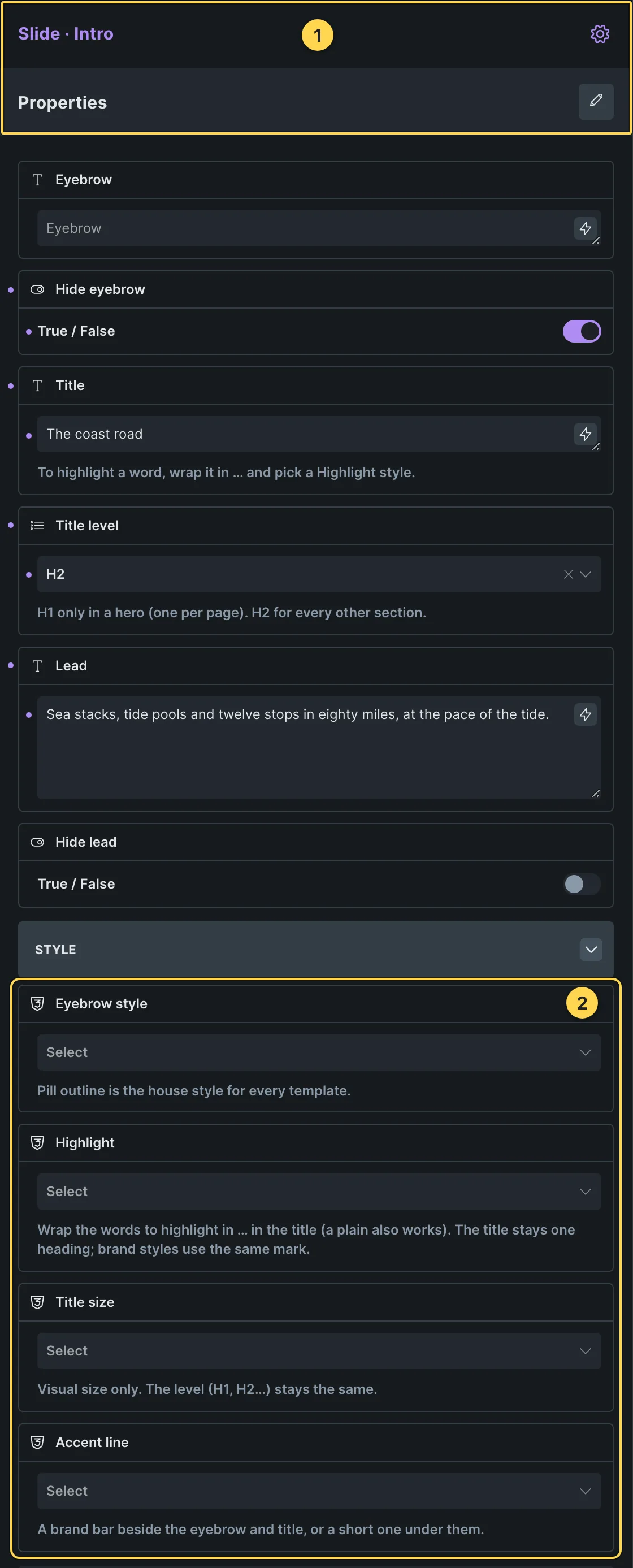 This template's own component, with its Style group open.