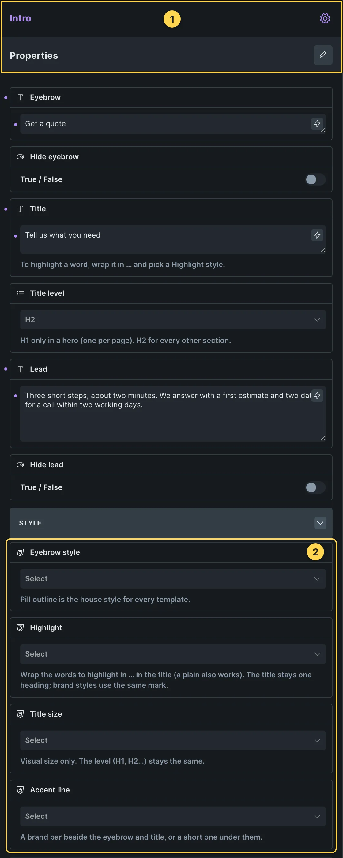 This template's own component, with its Style group open.