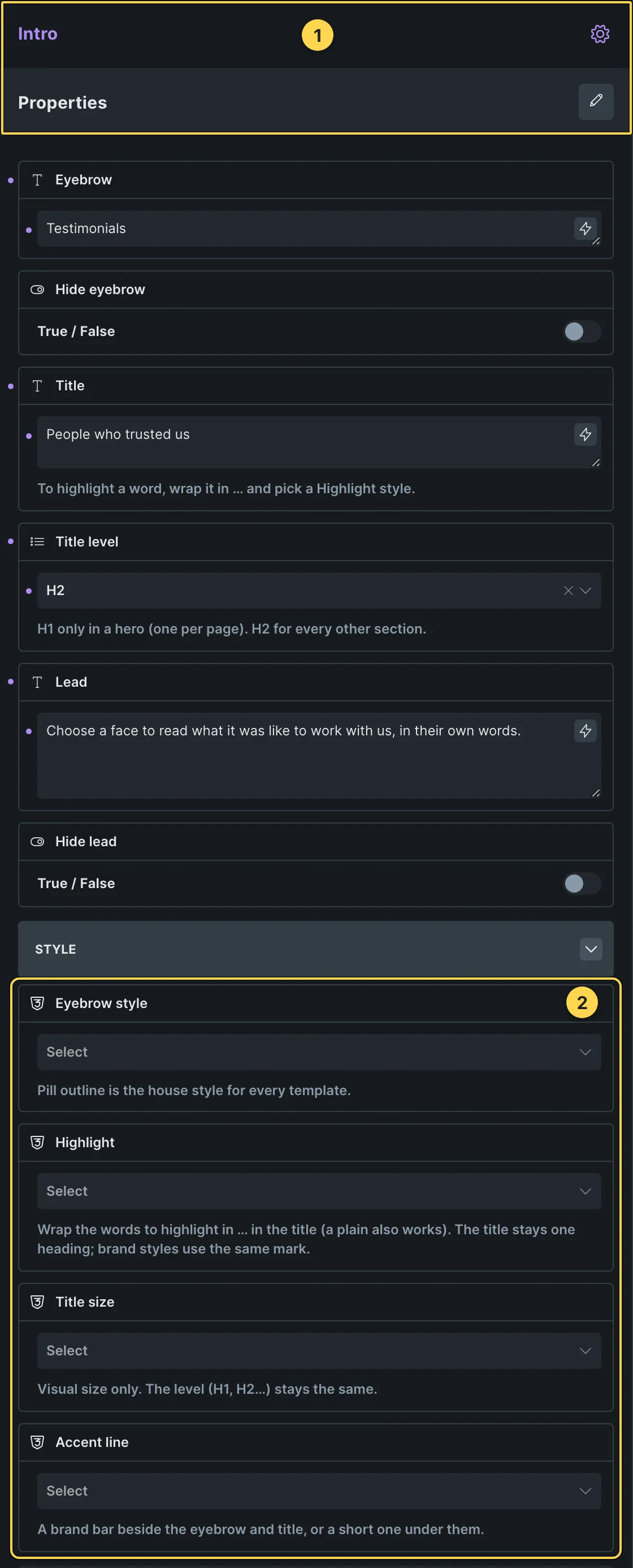 This template's own component, with its Style group open.
