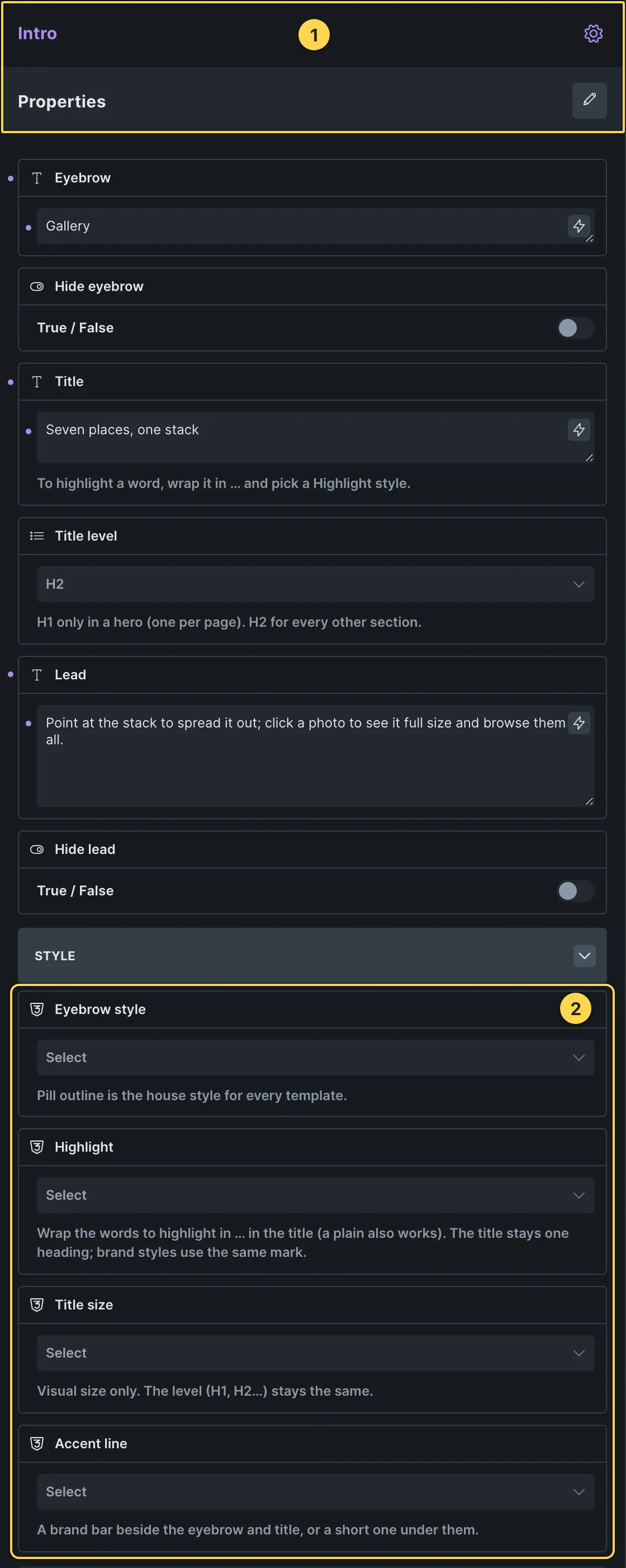 This template's own component, with its Style group open.