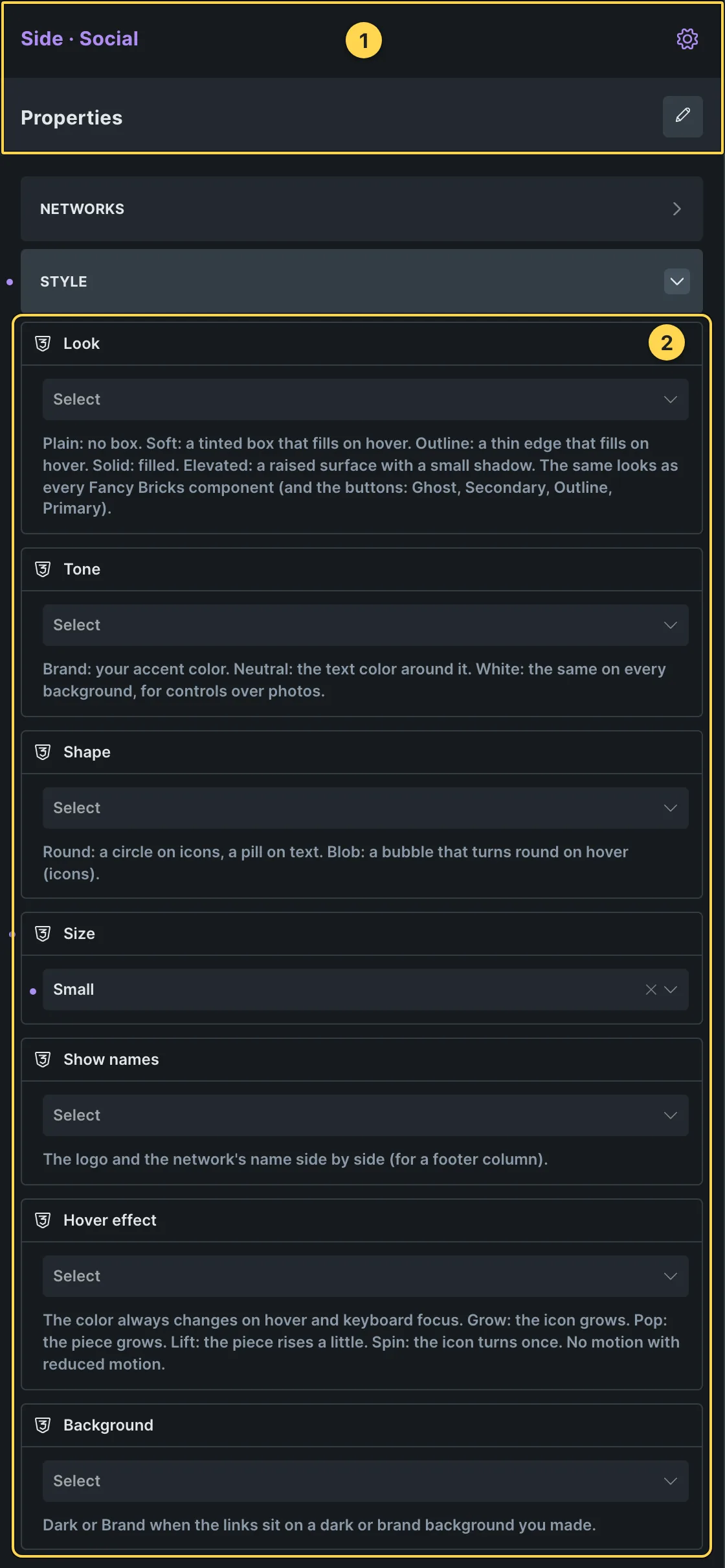 This template's own component, with its Style group open.