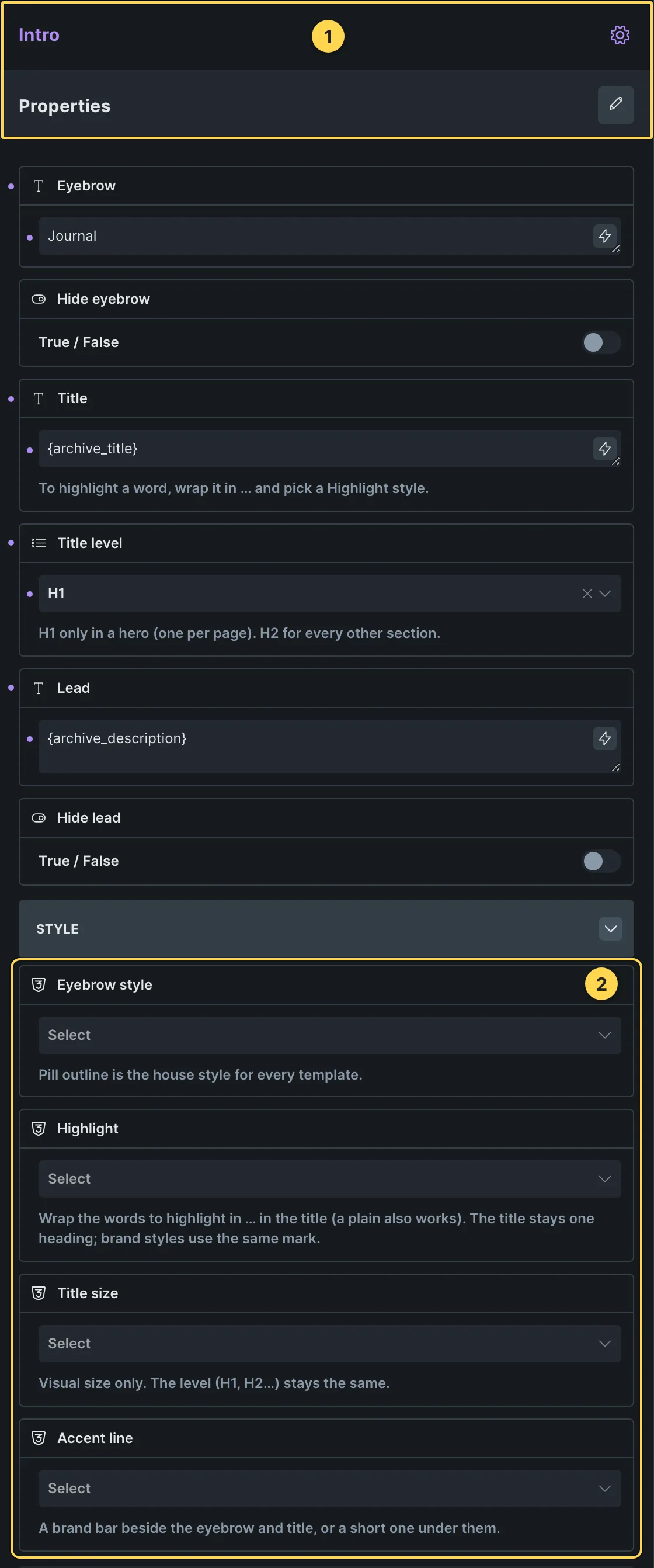 This template's own component, with its Style group open.
