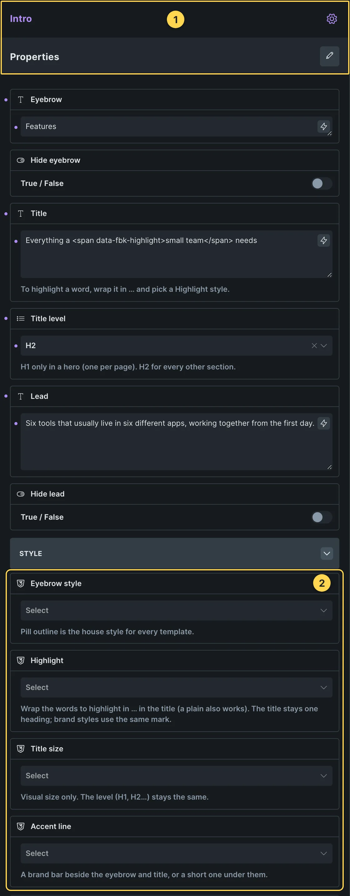 This template's own component, with its Style group open.