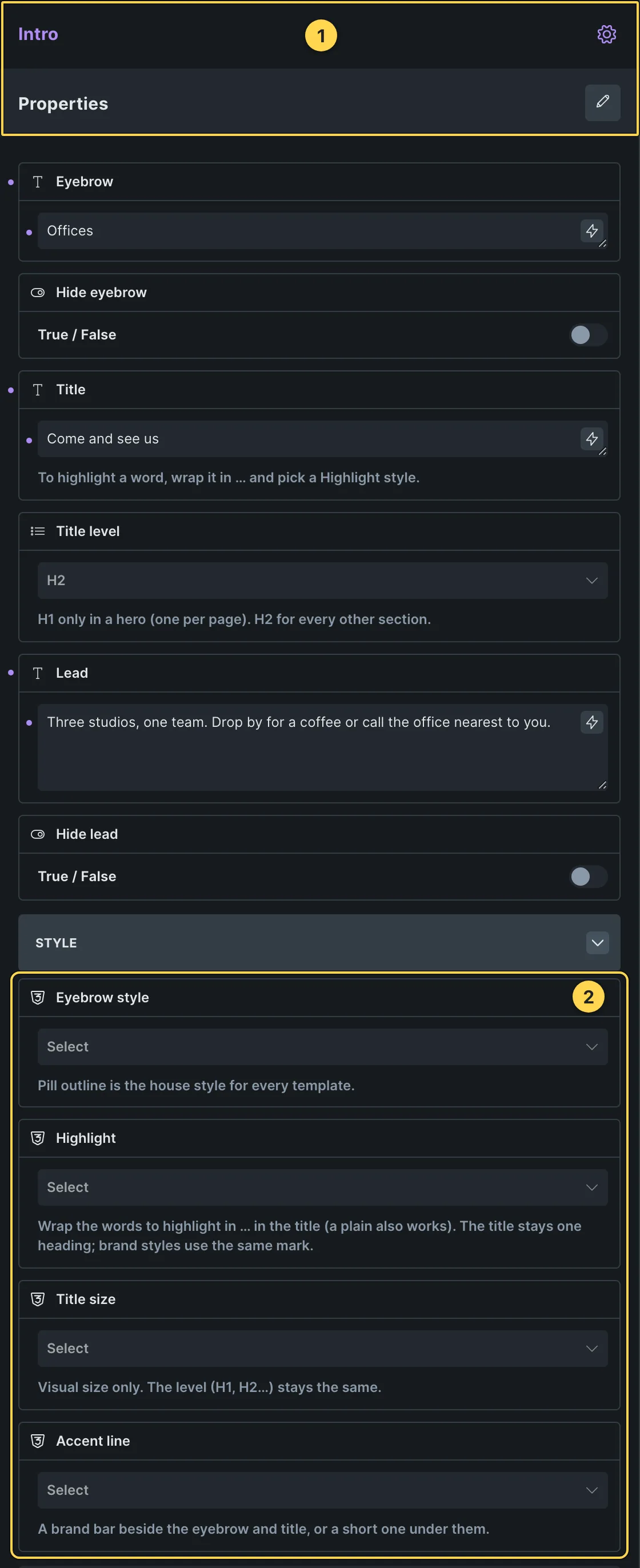 This template's own component, with its Style group open.