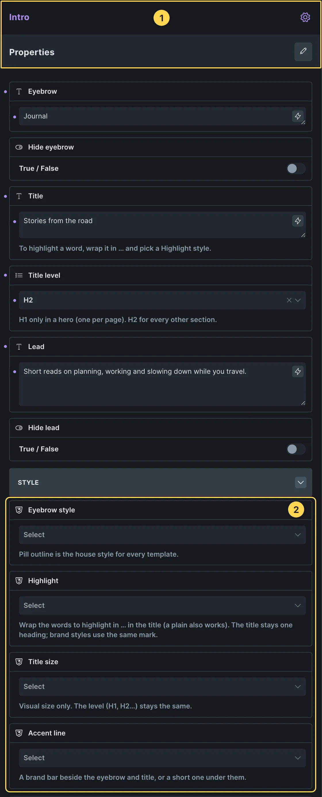 This template's own component, with its Style group open.
