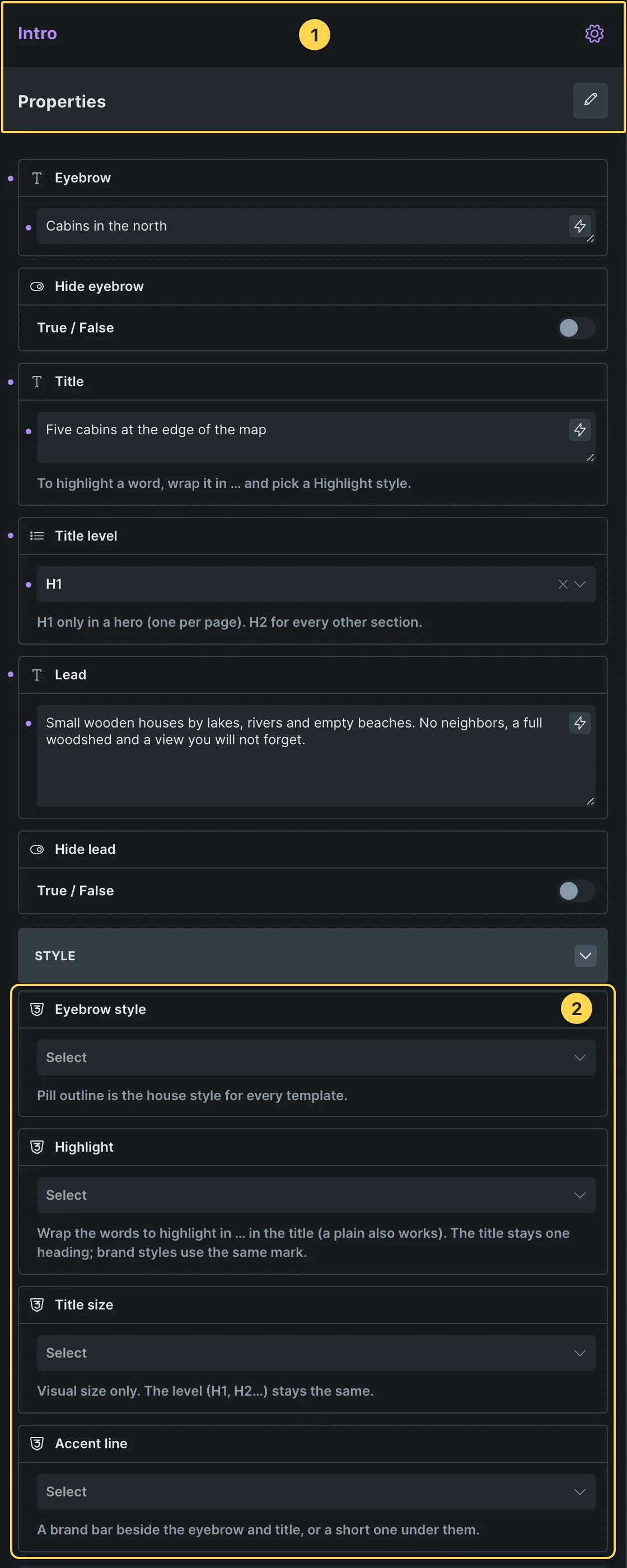 This template's own component, with its Style group open.