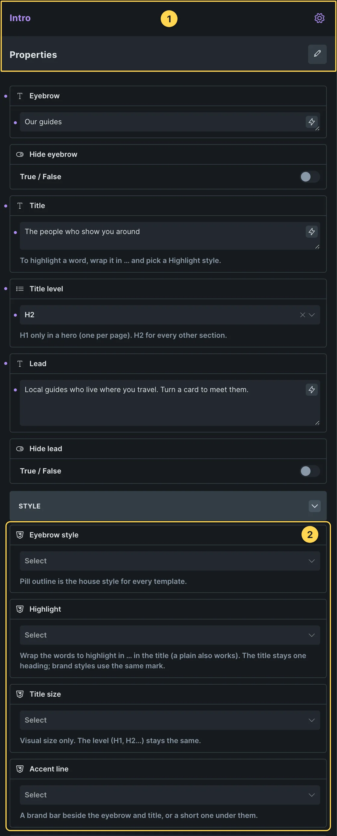 This template's own component, with its Style group open.