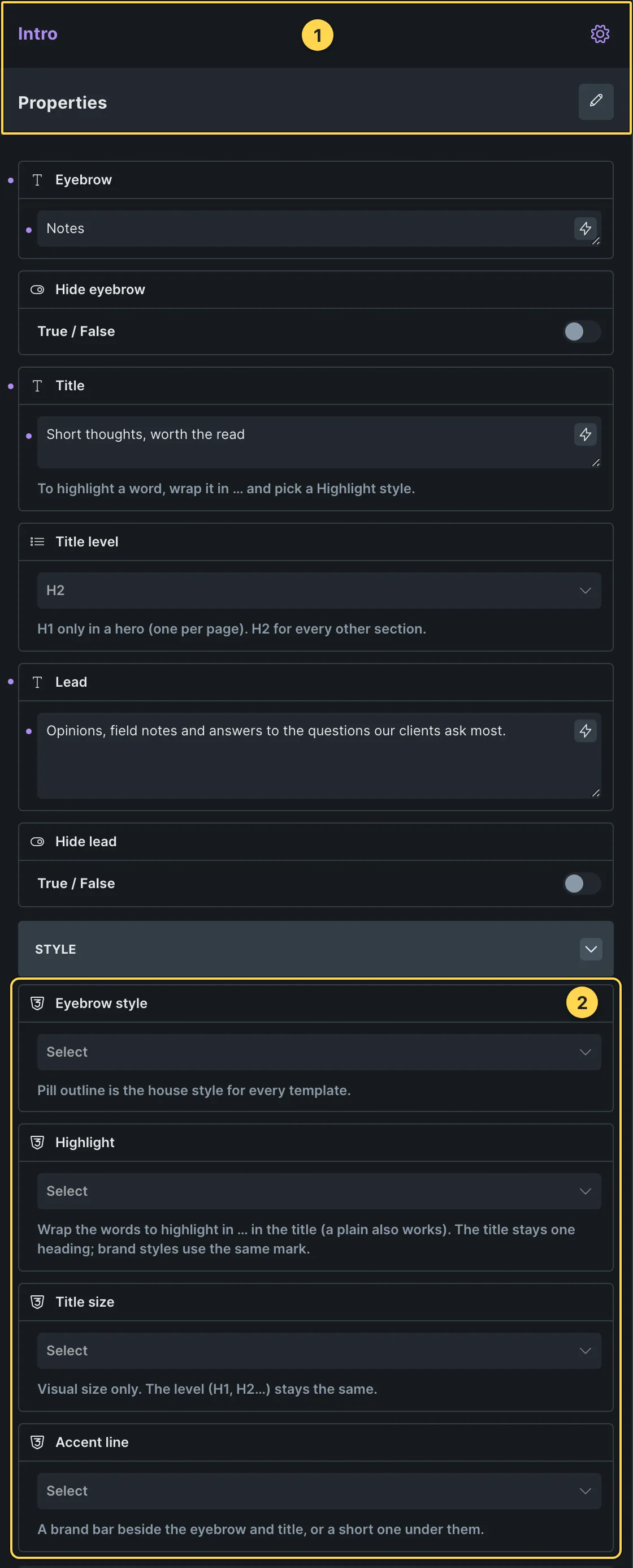 This template's own component, with its Style group open.