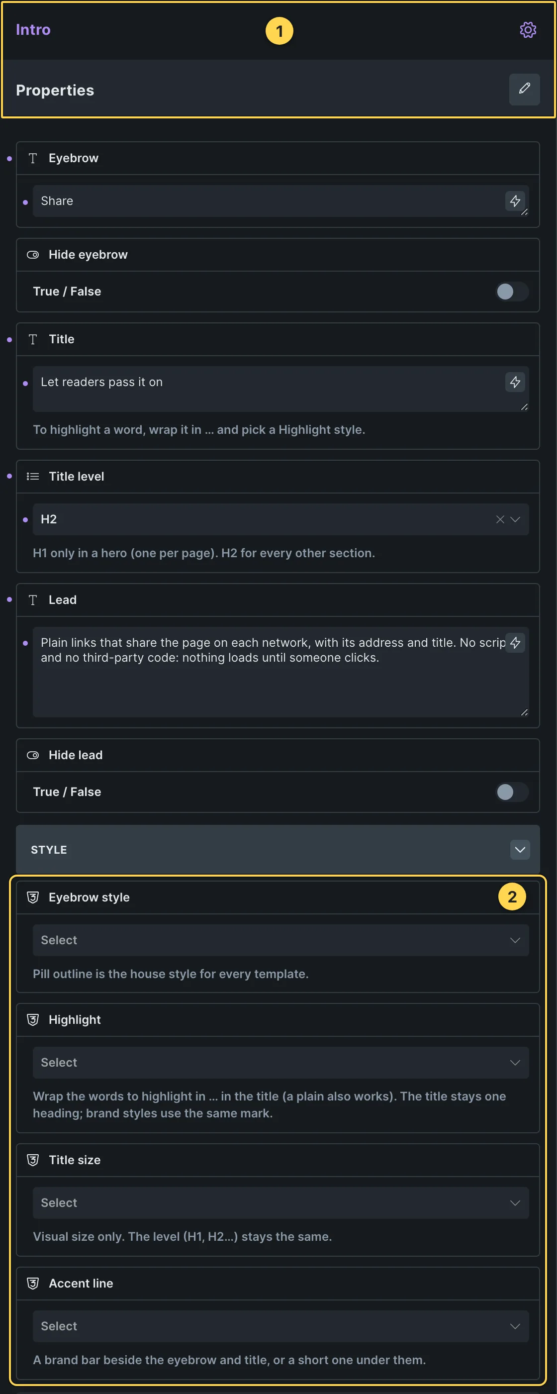 This template's own component, with its Style group open.