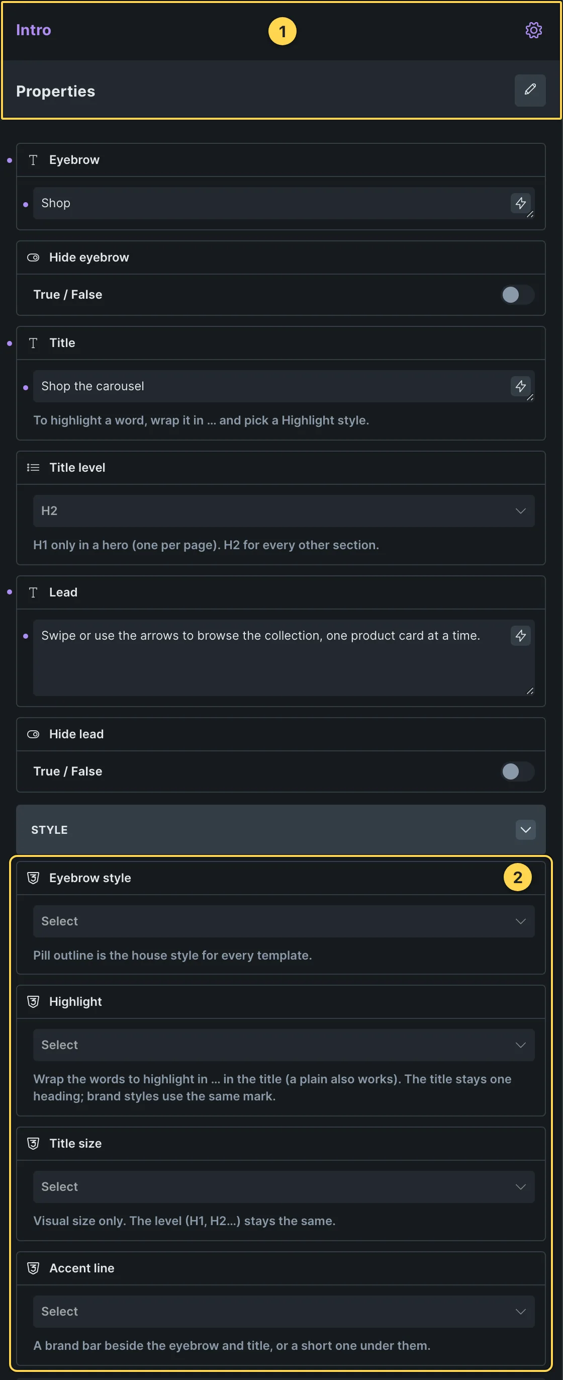 This template's own component, with its Style group open.