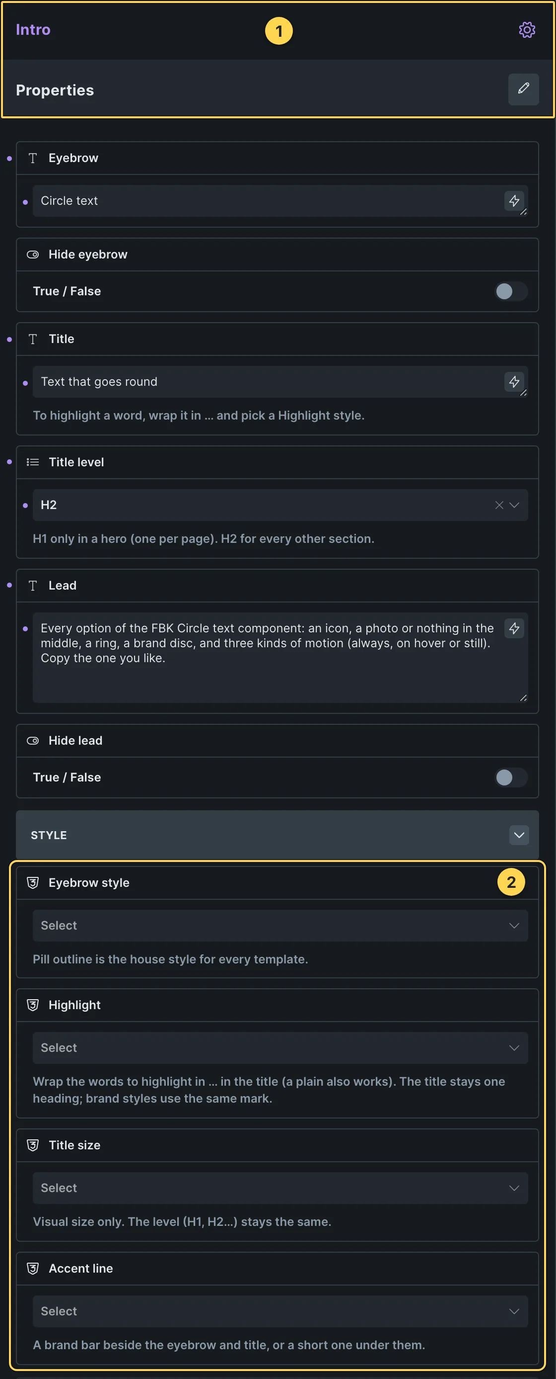 This template's own component, with its Style group open.