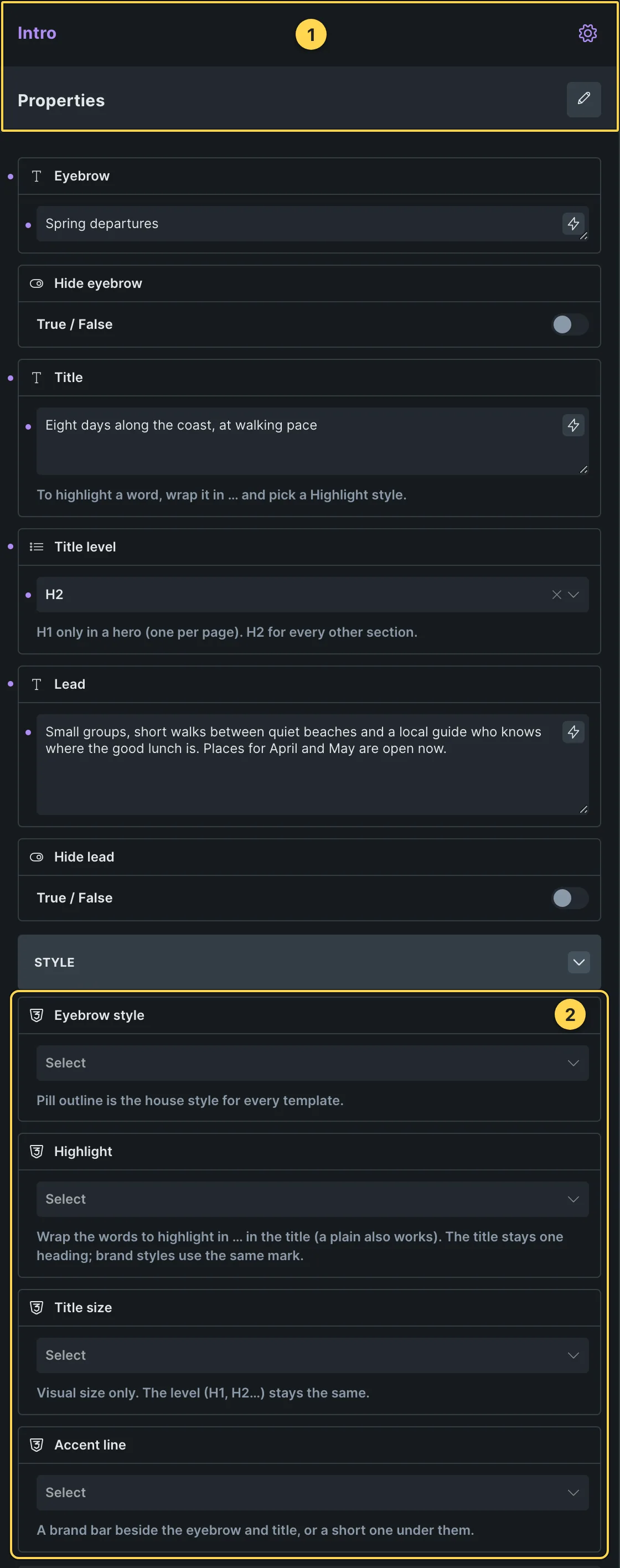 This template's own component, with its Style group open.