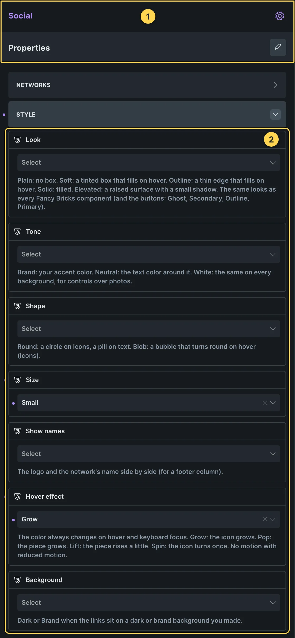 This template's own component, with its Style group open.