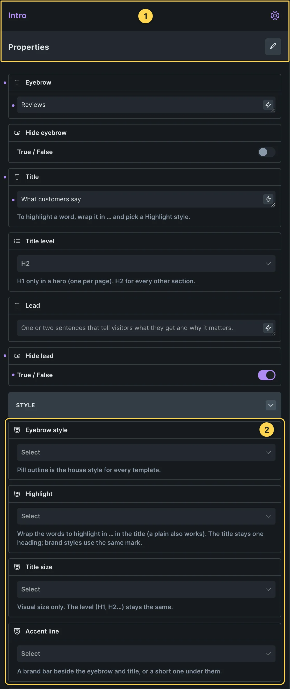 This template's own component, with its Style group open.