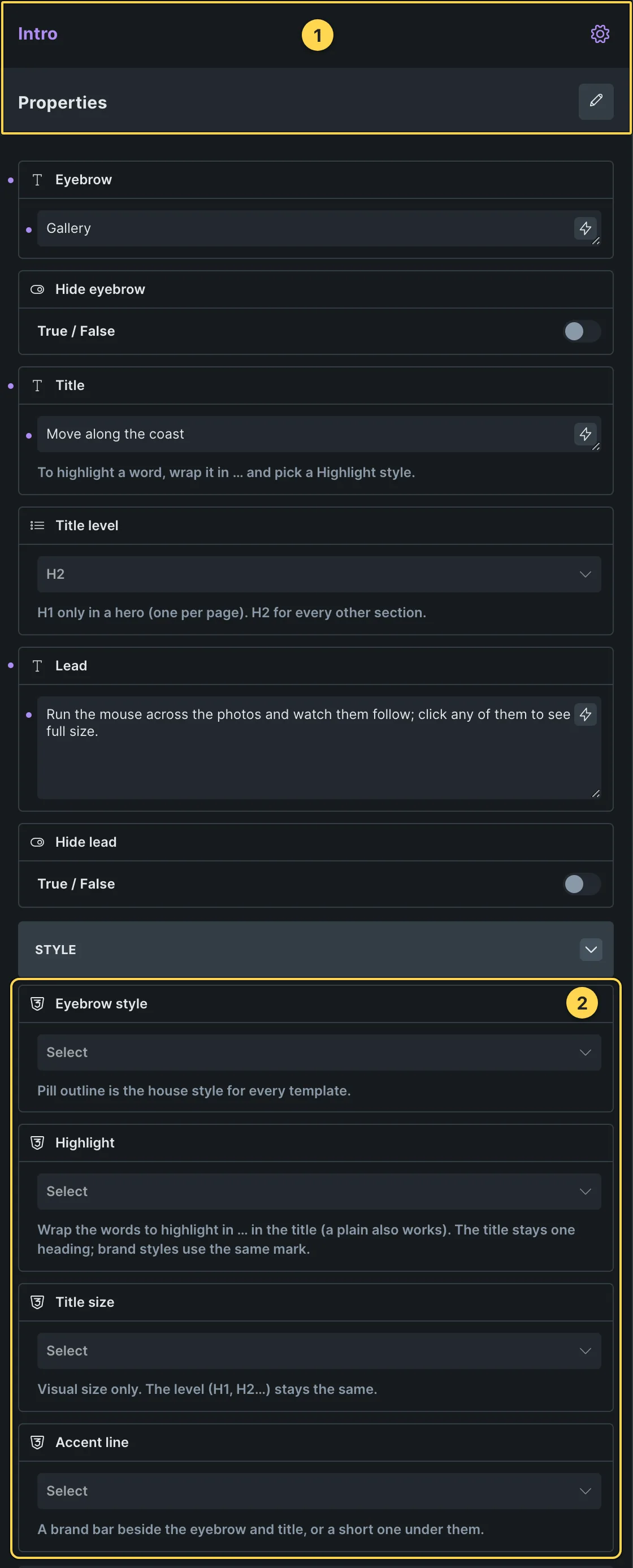 This template's own component, with its Style group open.