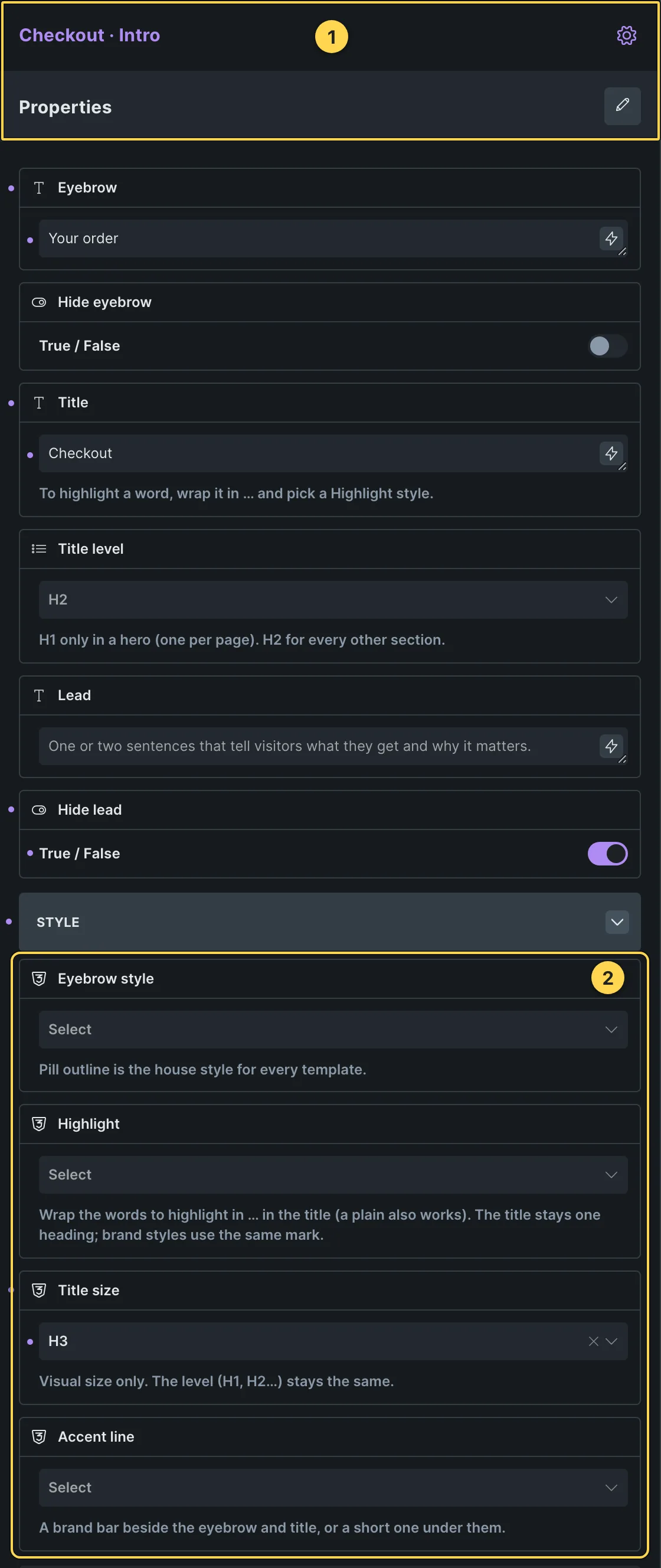This template's own component, with its Style group open.