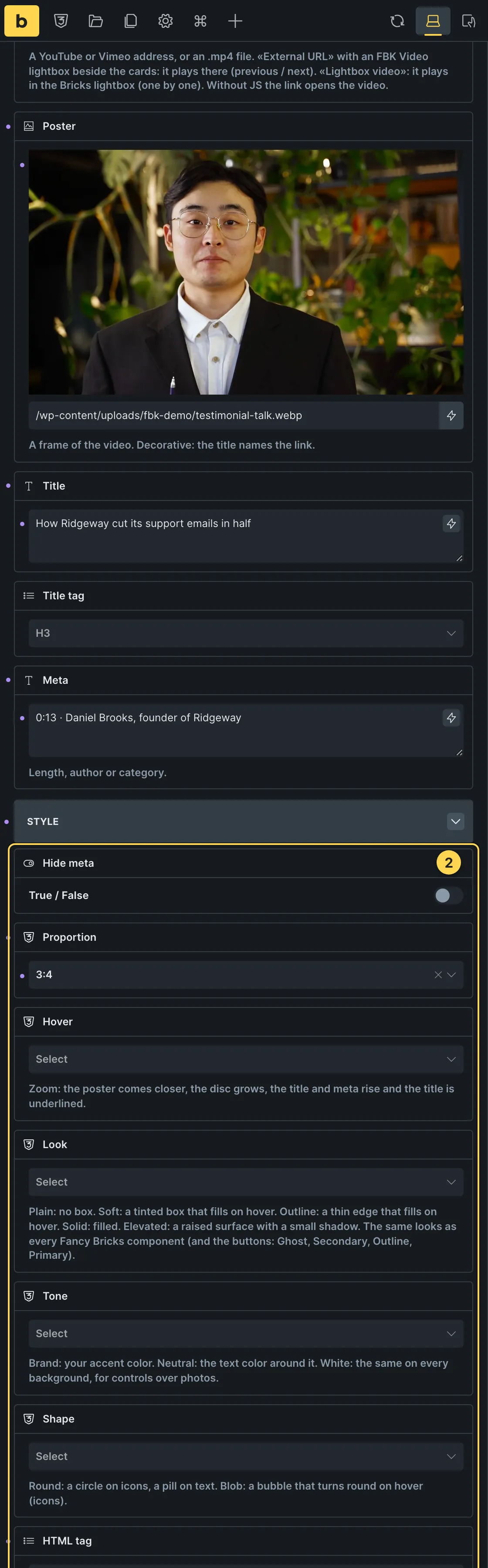 This template's own component, with its Style group open.