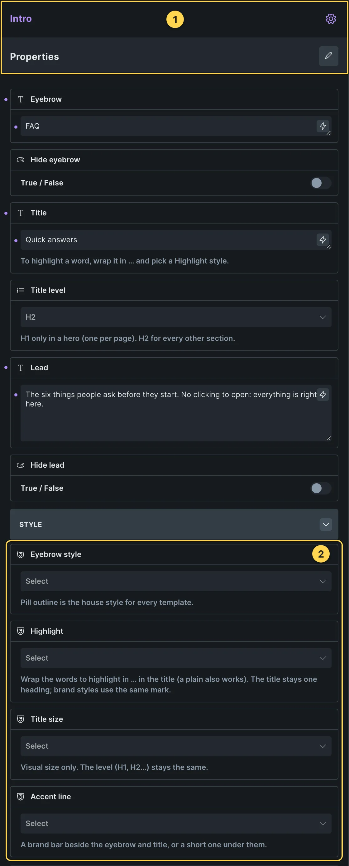 This template's own component, with its Style group open.
