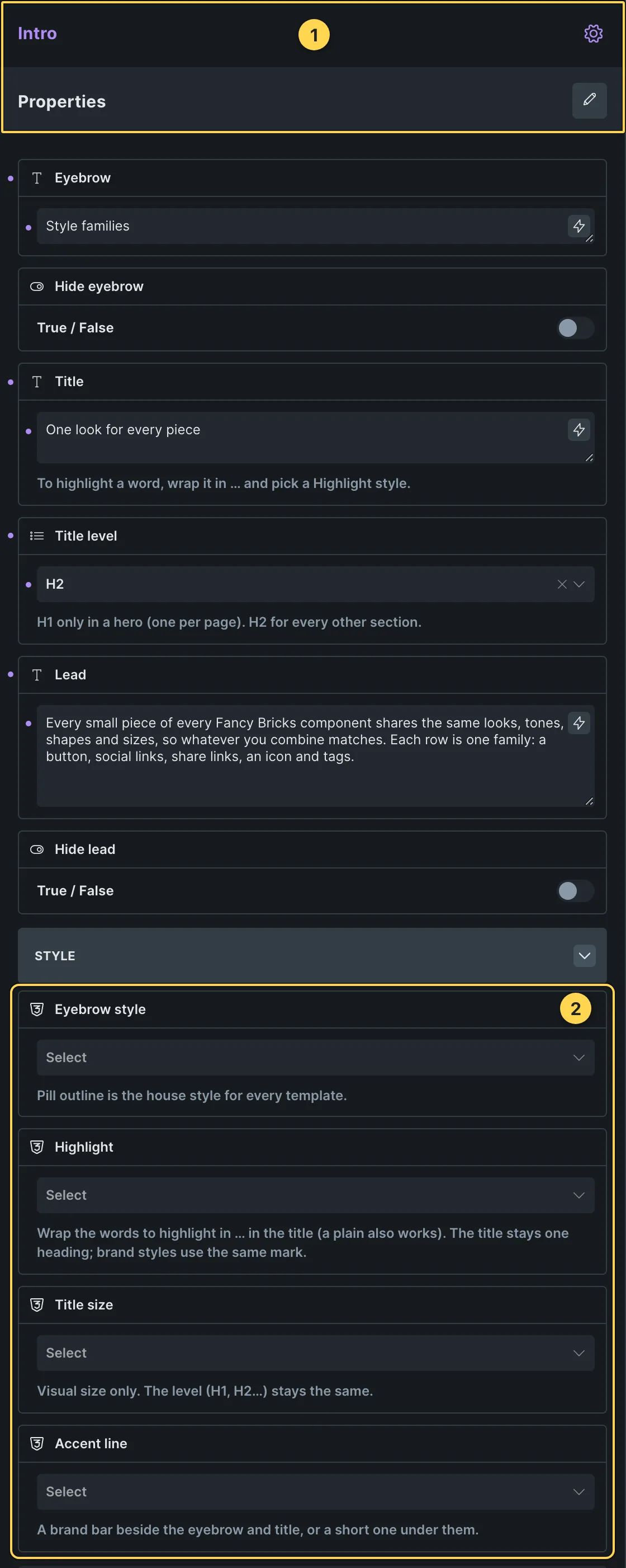 This template's own component, with its Style group open.