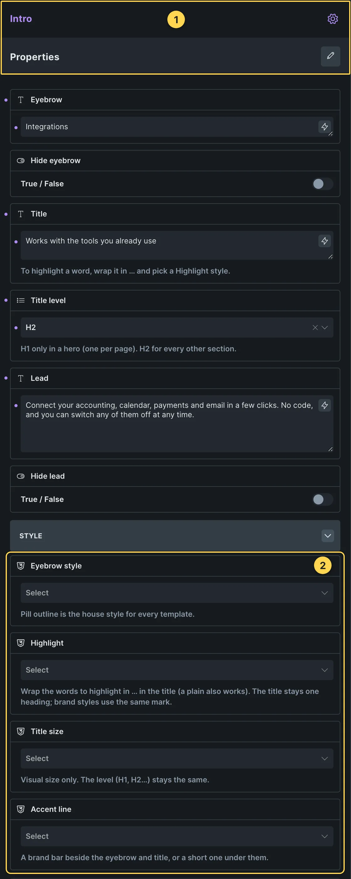 This template's own component, with its Style group open.