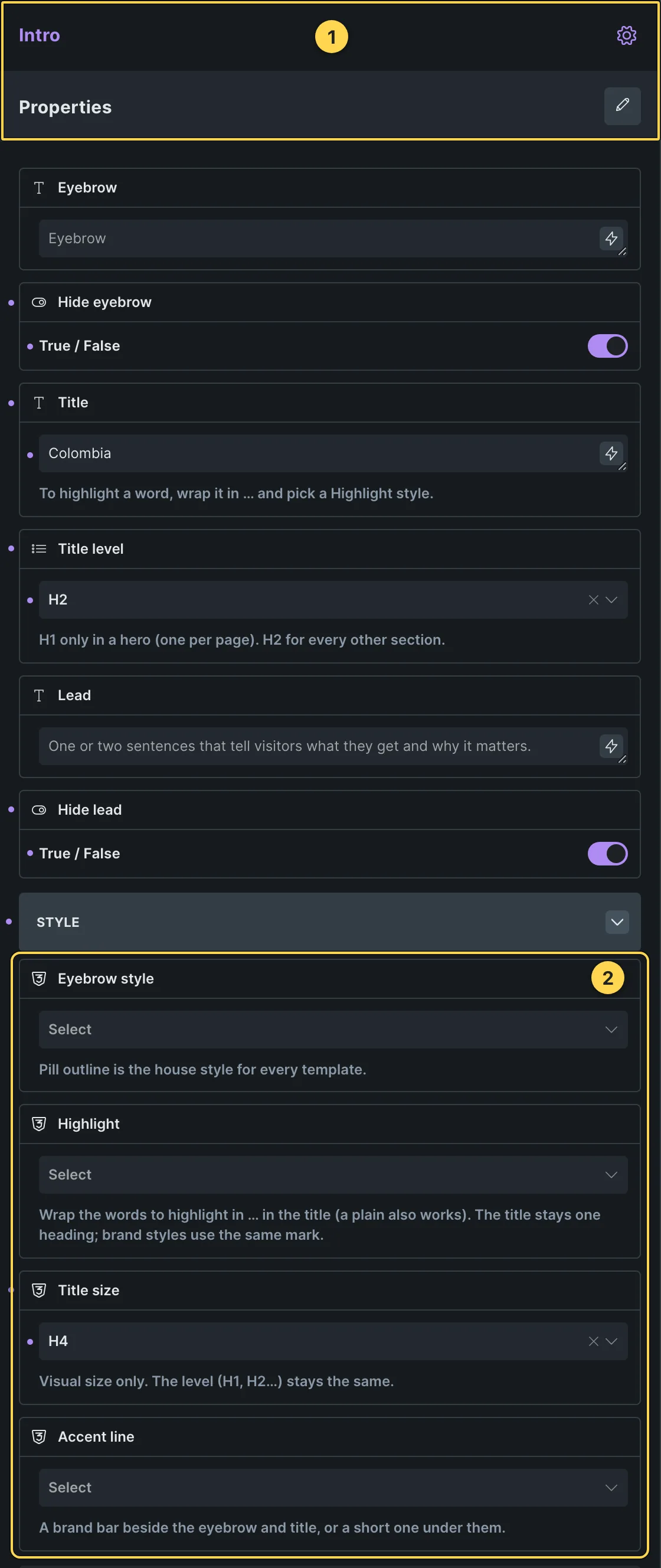 This template's own component, with its Style group open.