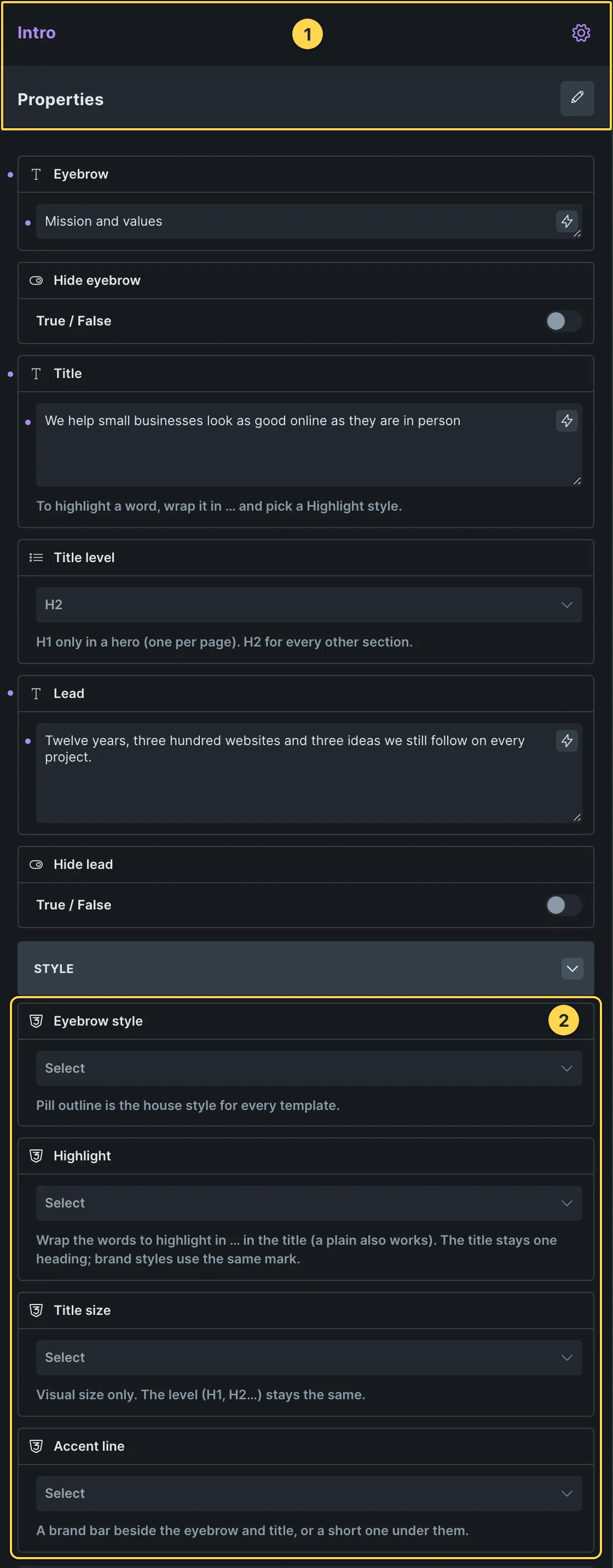 This template's own component, with its Style group open.