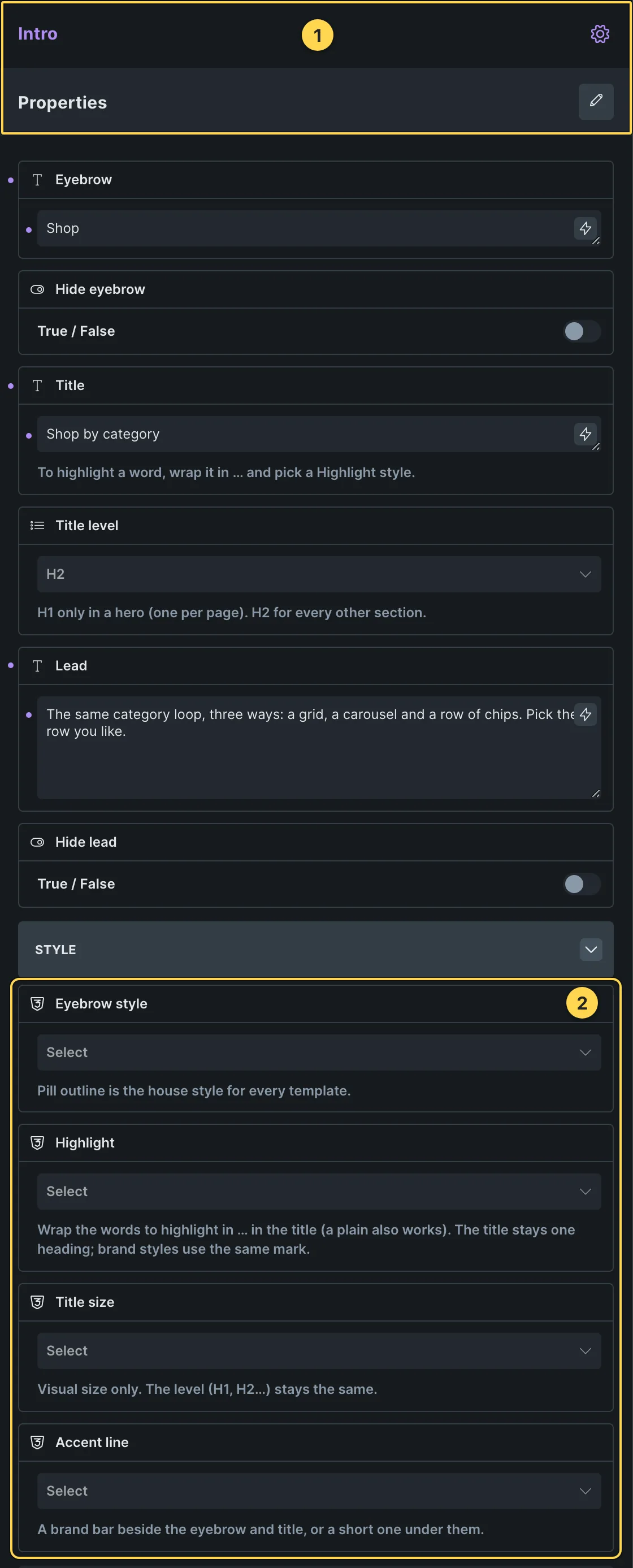 This template's own component, with its Style group open.