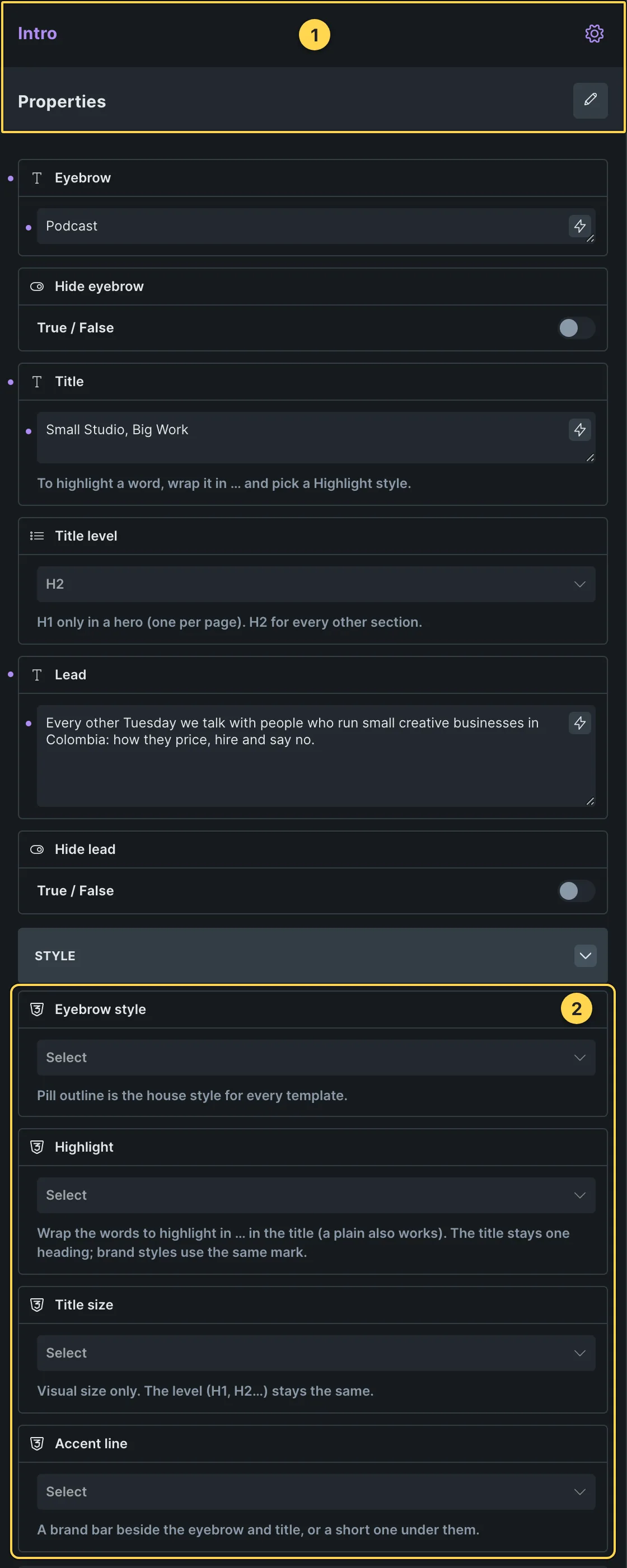 This template's own component, with its Style group open.