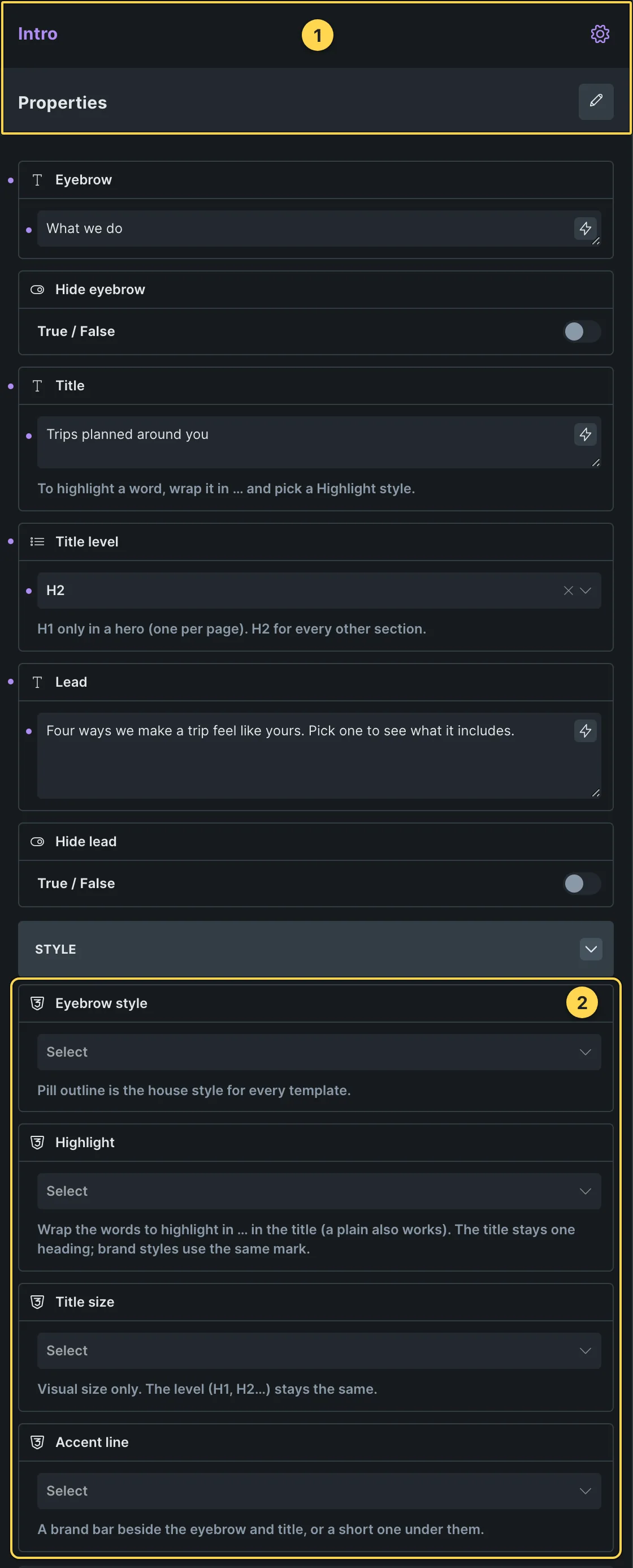 This template's own component, with its Style group open.