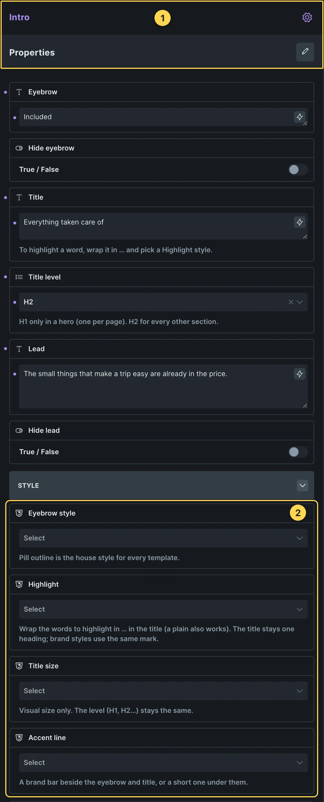 This template's own component, with its Style group open.
