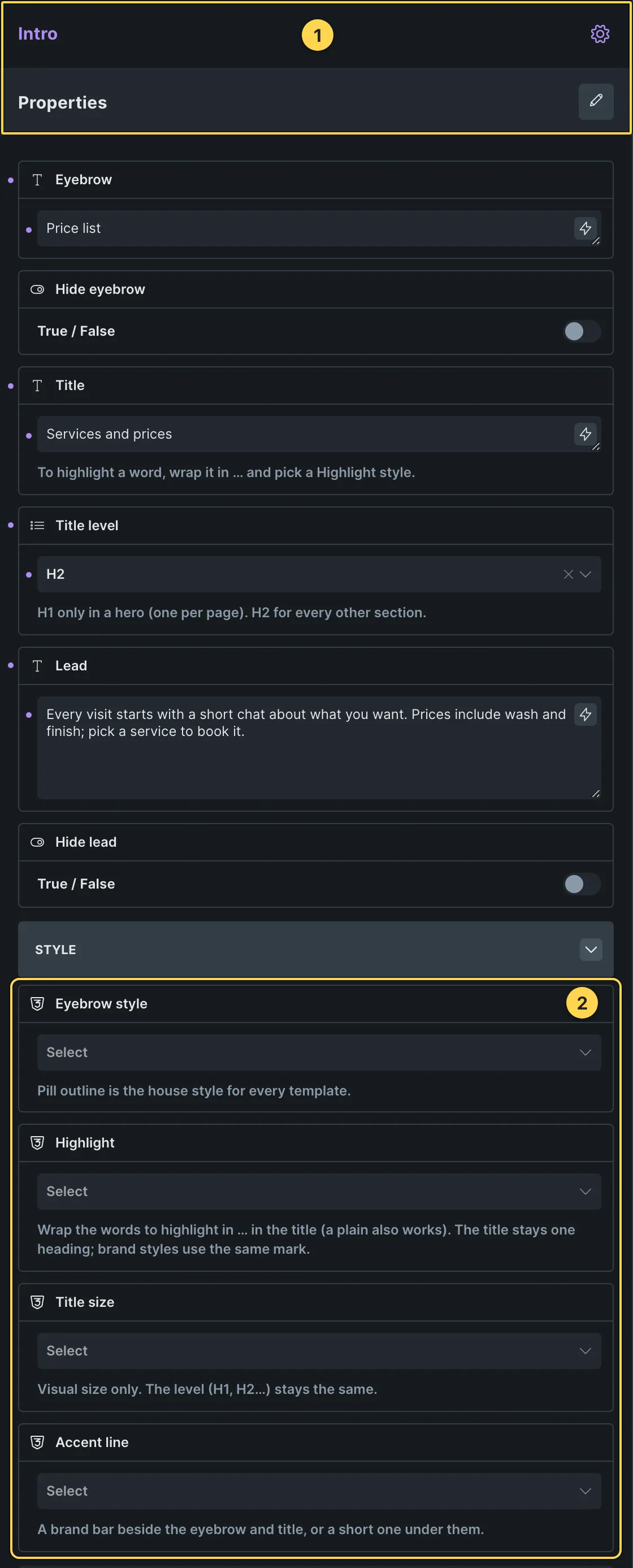 This template's own component, with its Style group open.