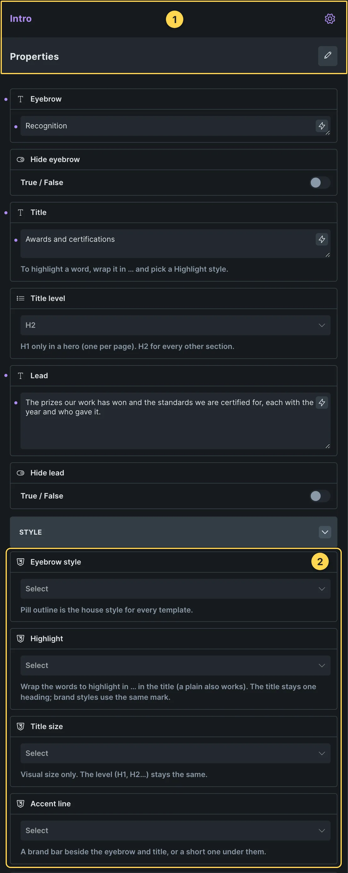 This template's own component, with its Style group open.
