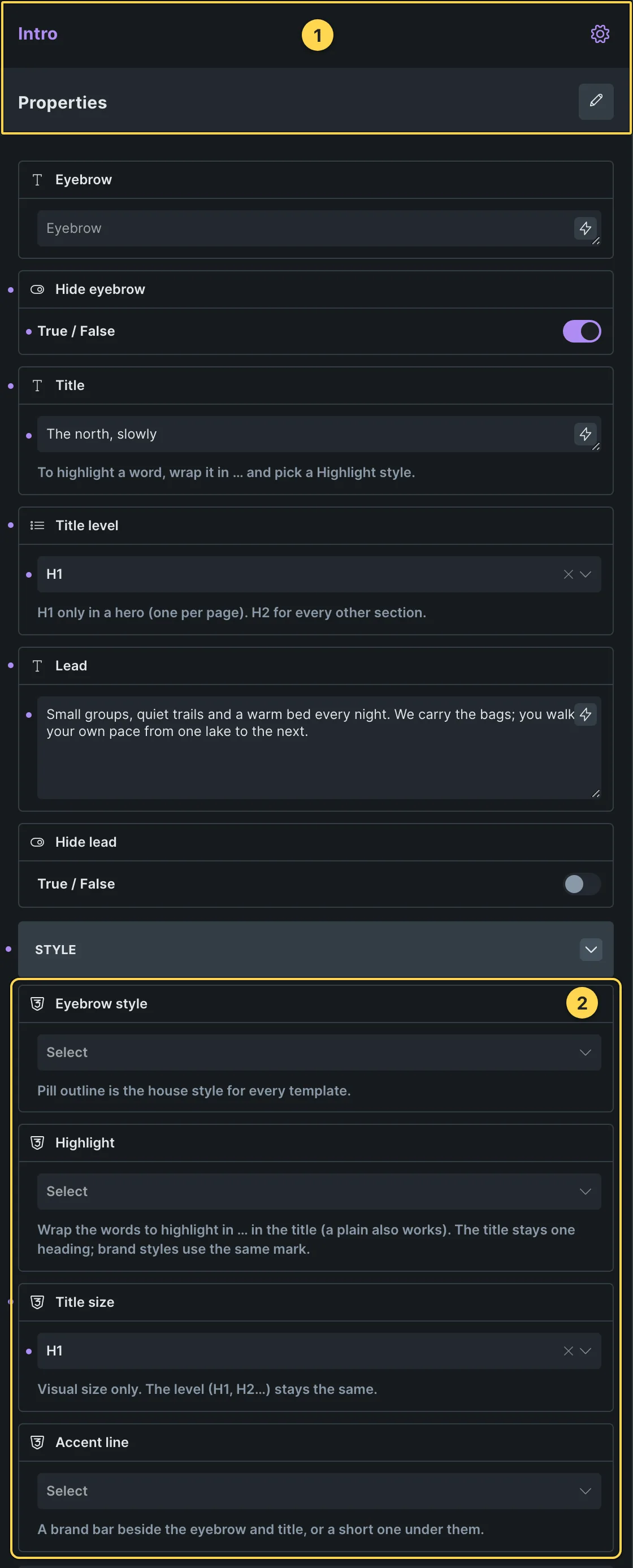 This template's own component, with its Style group open.