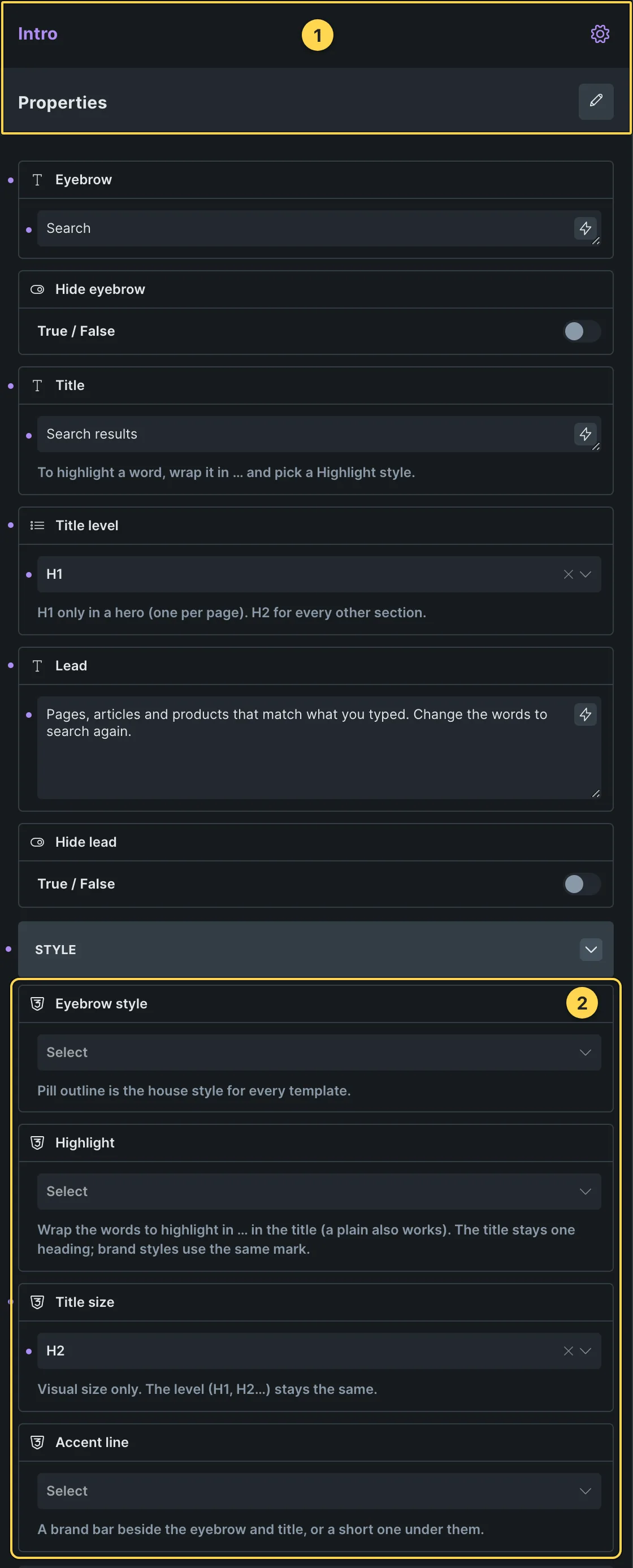 This template's own component, with its Style group open.