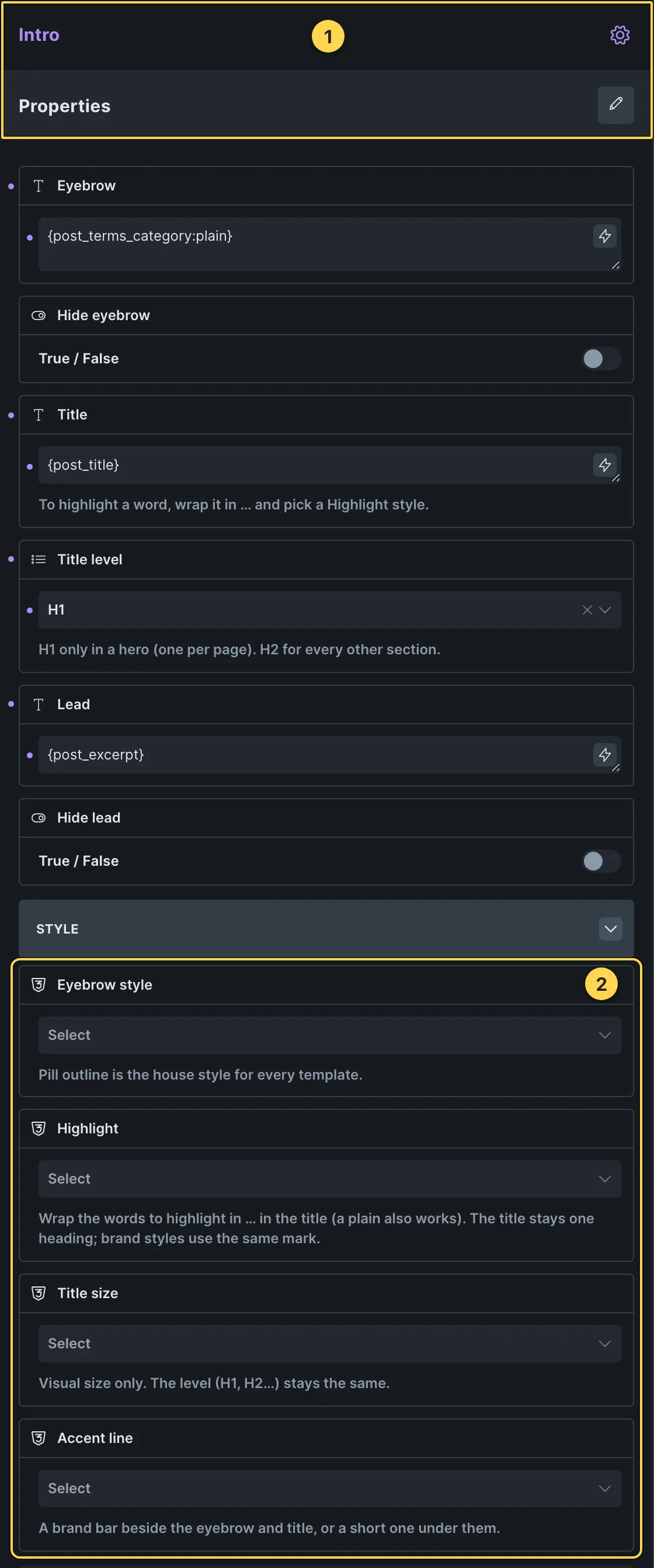 This template's own component, with its Style group open.