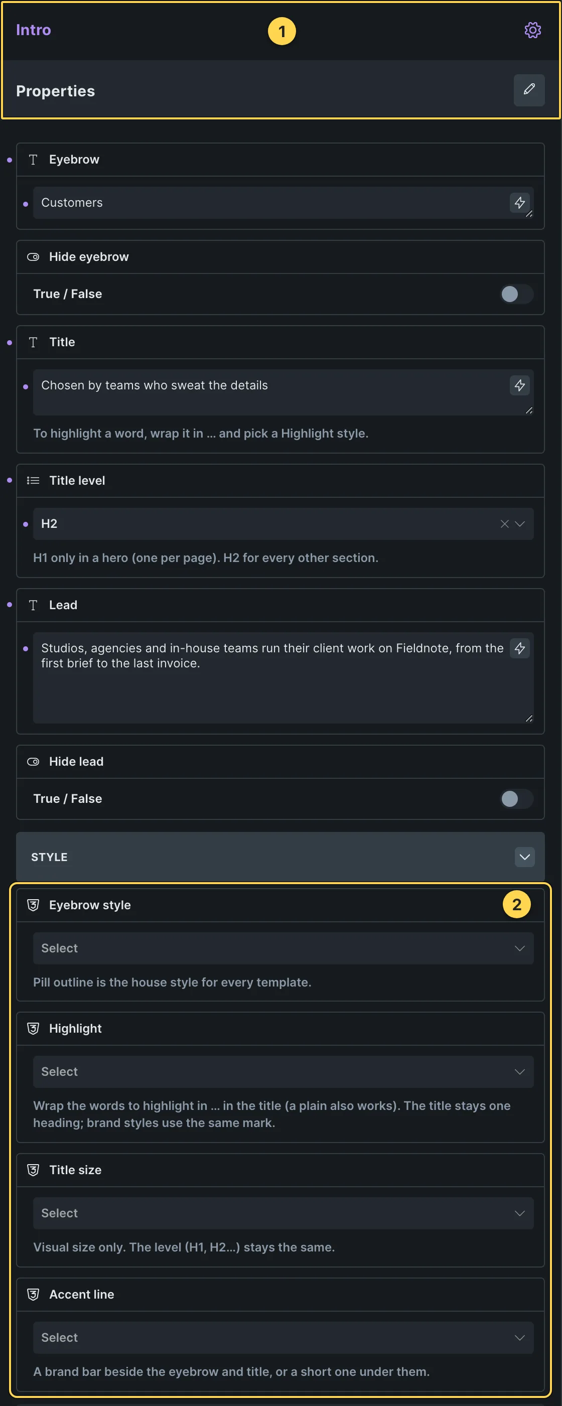 This template's own component, with its Style group open.